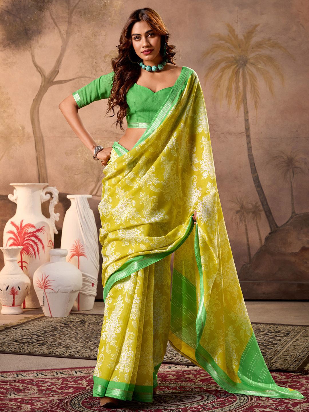 

Anouk Floral Block Print Saree, Yellow