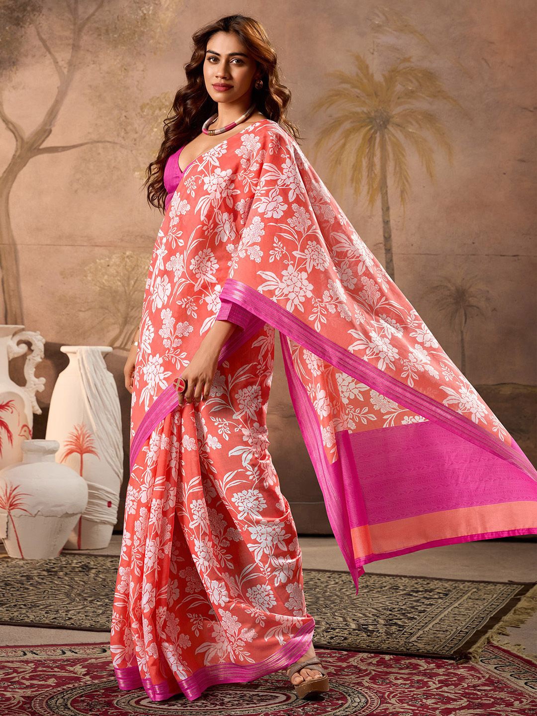 

Anouk Floral Printed Zari Saree, Peach