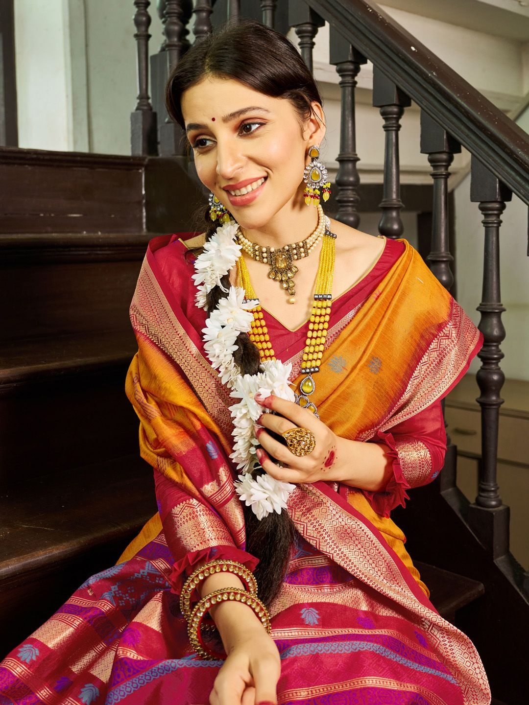 

Mitera Ethnic Motifs Woven Design Zari Banarasi Saree, Yellow