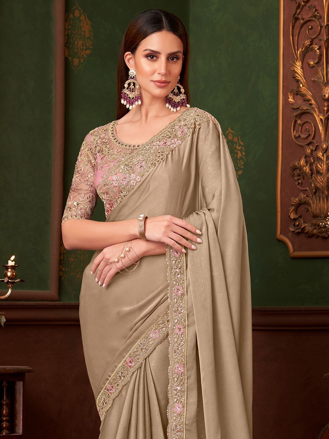

Mitera Embellished Sequinned Pure Georgette Saree, Beige