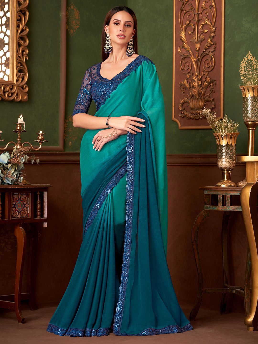 

Mitera Embellished Sequinned Saree, Turquoise blue