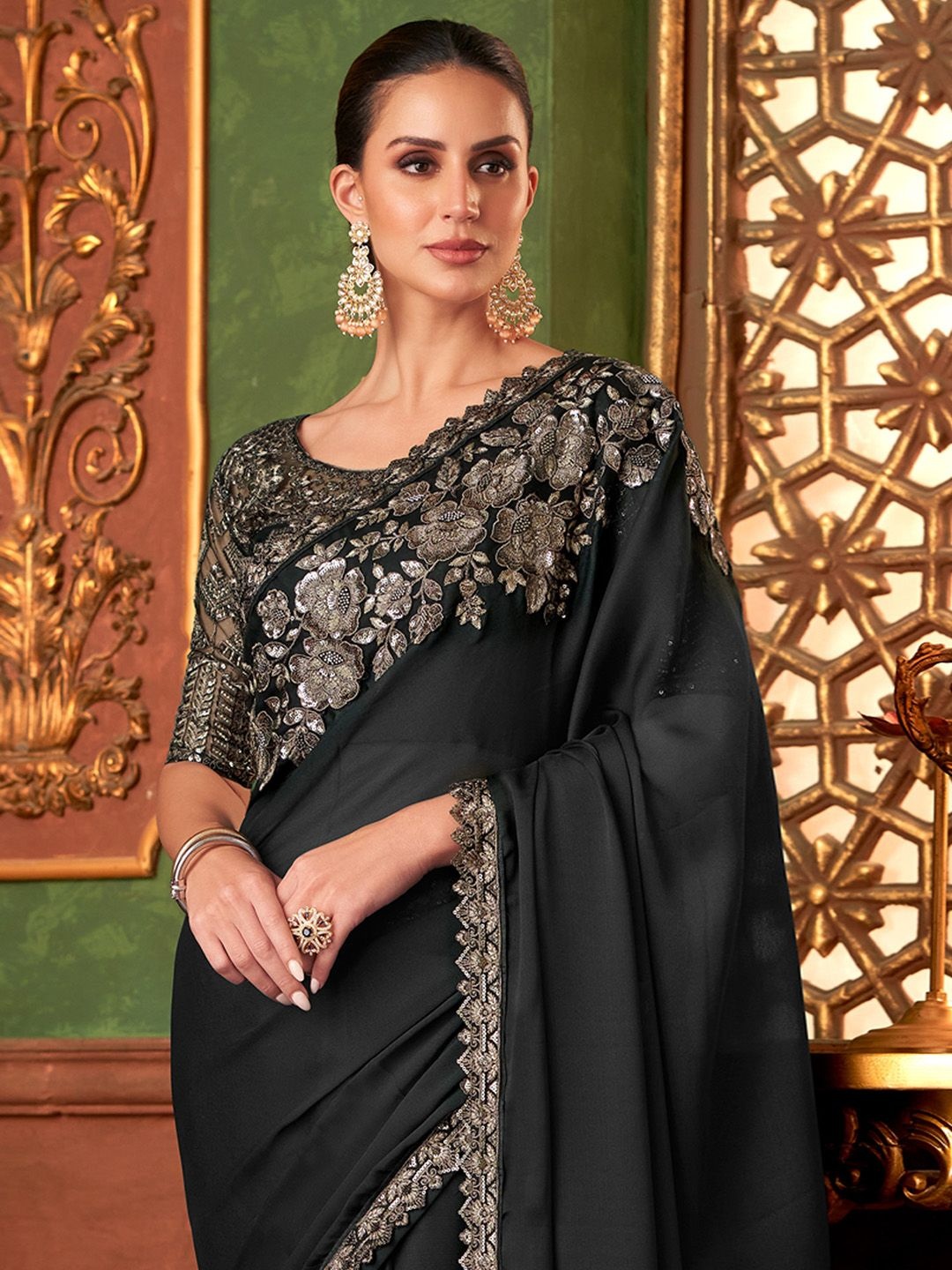 

Mitera Embellished Sequinned Saree, Black