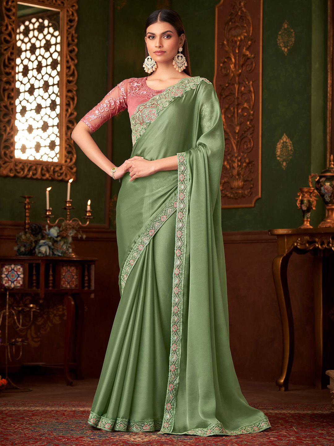 

Mitera Embellished Sequinned Saree, Green