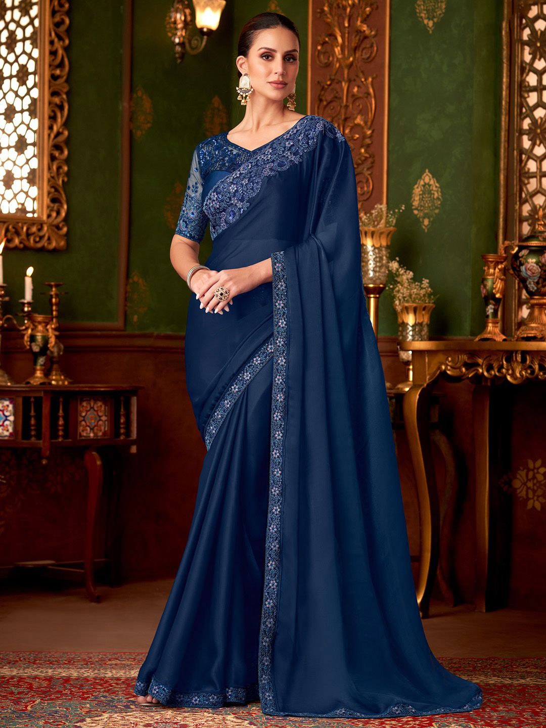 

Mitera Embellished Sequinned Saree, Navy blue
