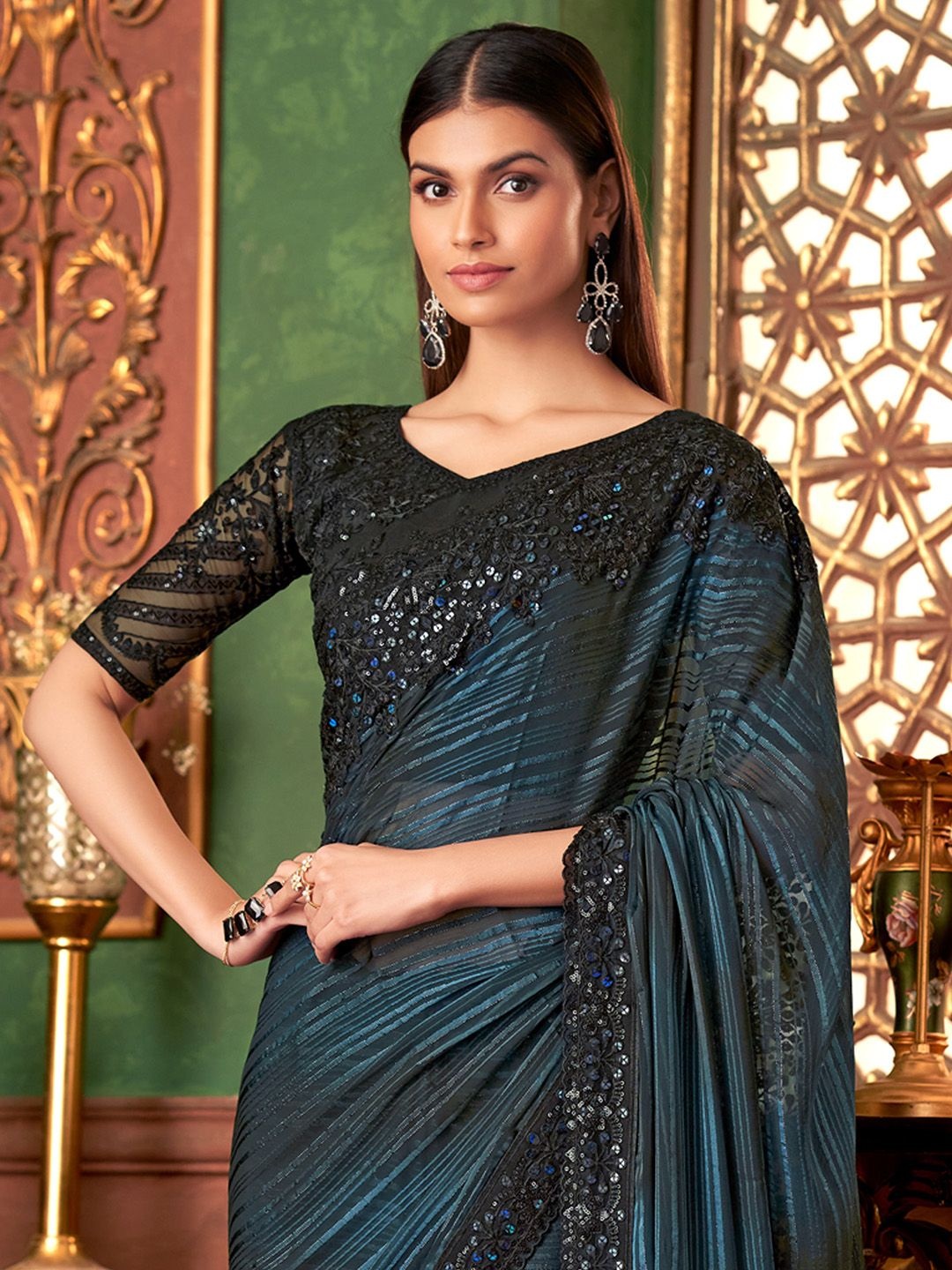 

Mitera Embellished Sequinned Pure Georgette Saree, Teal