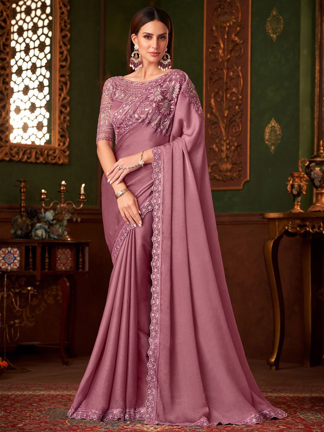 

Mitera Sequinned Pure Georgette Saree, Mauve