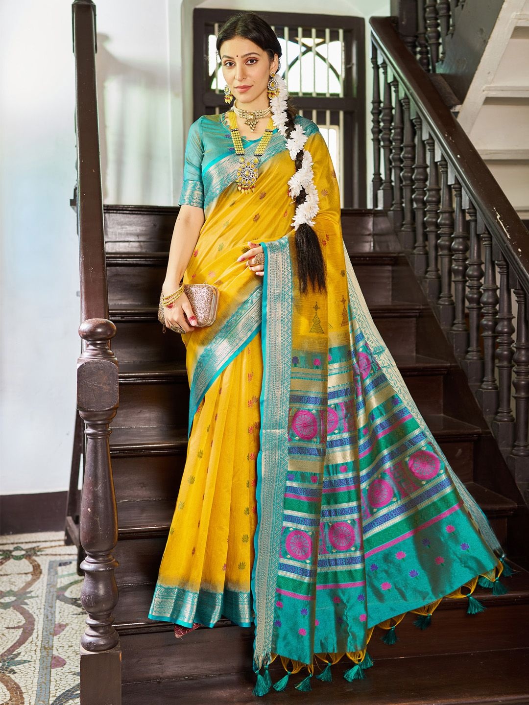 

Mitera Ethnic Motifs Woven Design Zari Banarasi Saree, Yellow