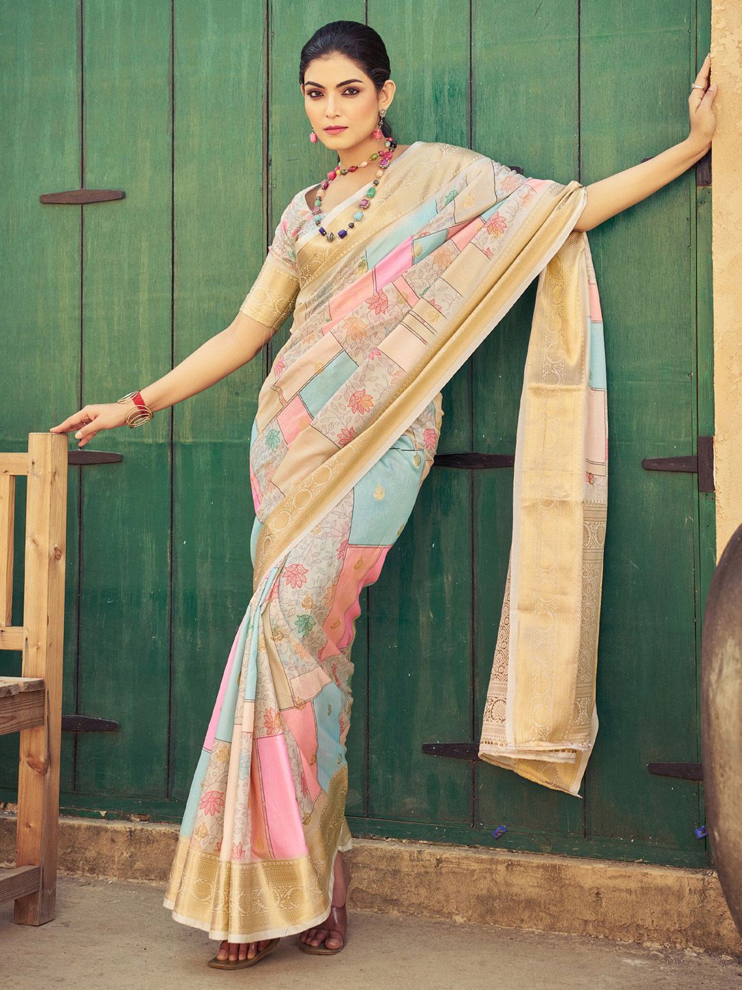 Mitera Ethnic Motifs Woven Design Zari Saree, Beige