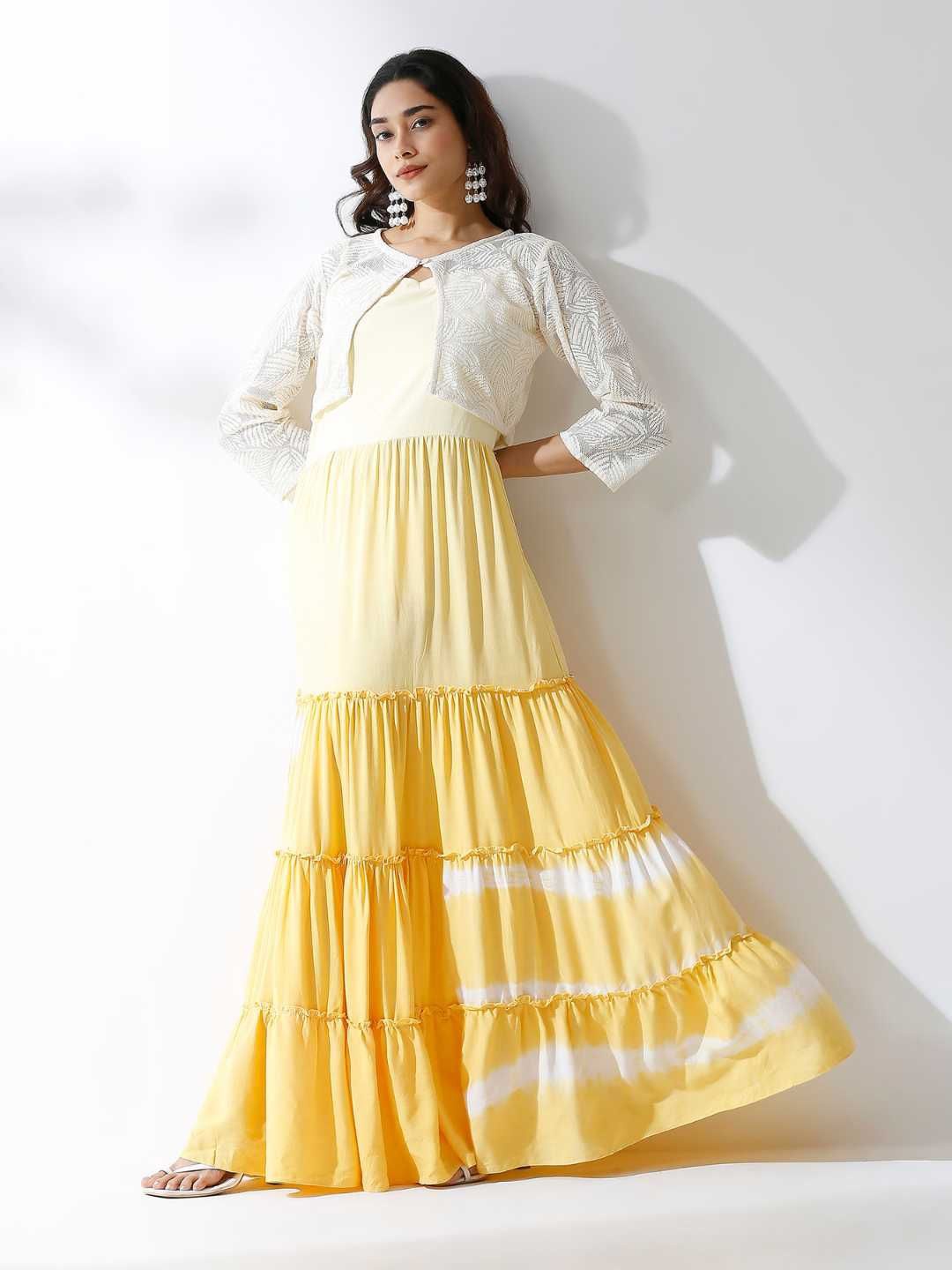 

Label Ishnya Women Leher Yellow Ombre Tiered Gown With Knit Jacket