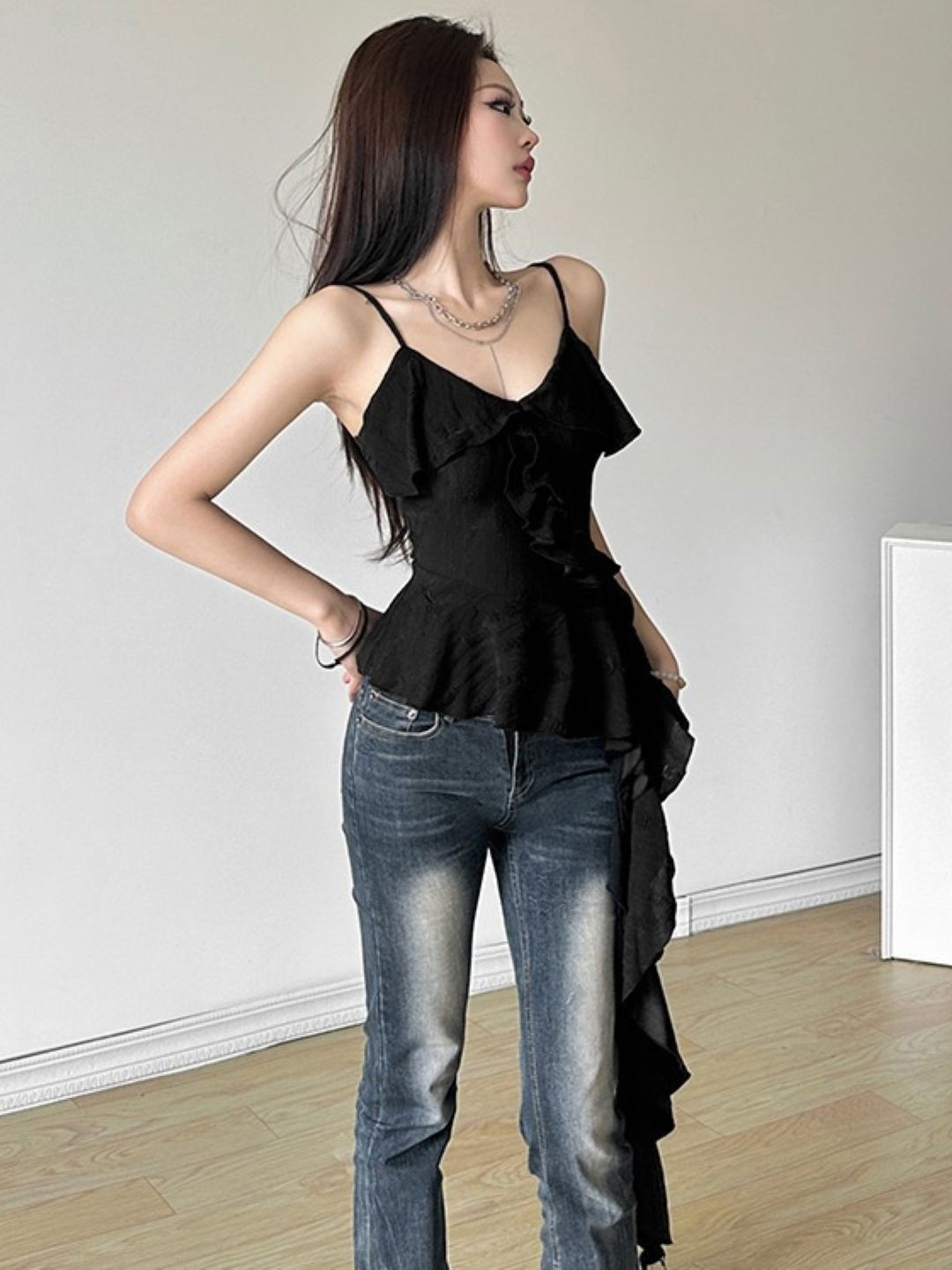 

StyleCast Shoulder Straps Ruffles Top, Black