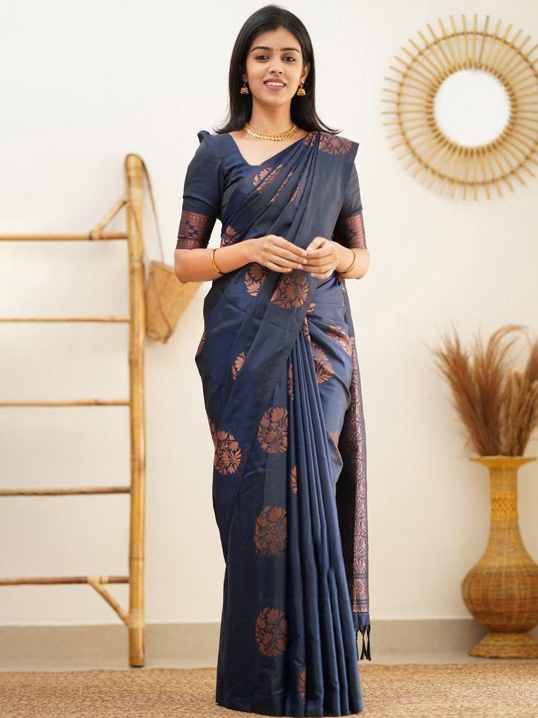 

choiceit Ethnic Motifs Zari Pure Silk Kanjeevaram Saree, Blue