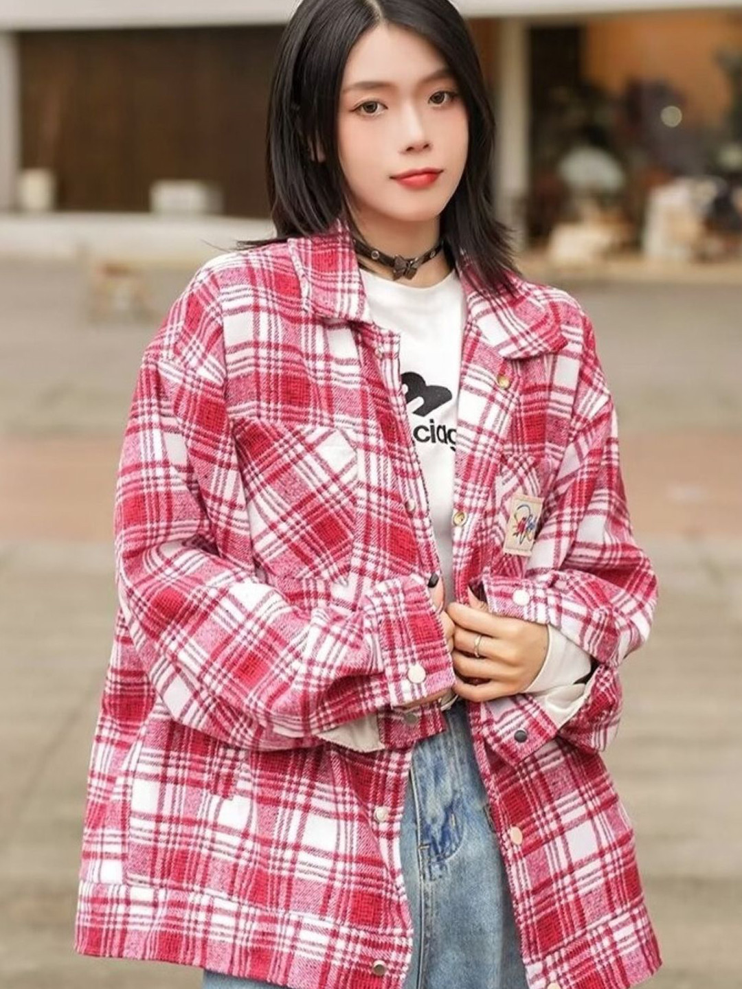 

StyleCast Women Comfort Oversized Fit Spread Collar Tartan Checked Casual Shirt, Pink