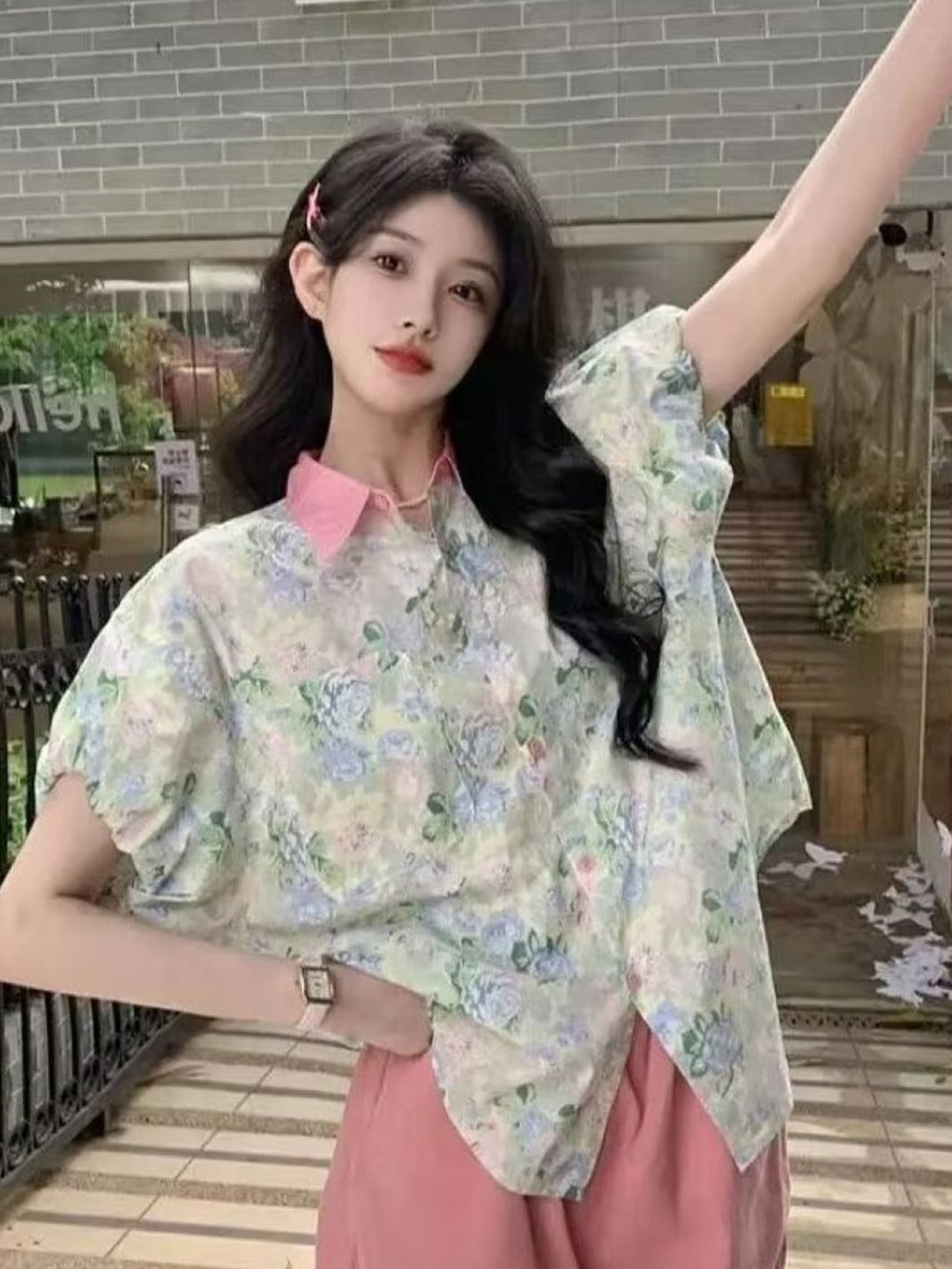 

StyleCast Women Comfort Floral Printed Oversized Cotton Casual Shirt, Green
