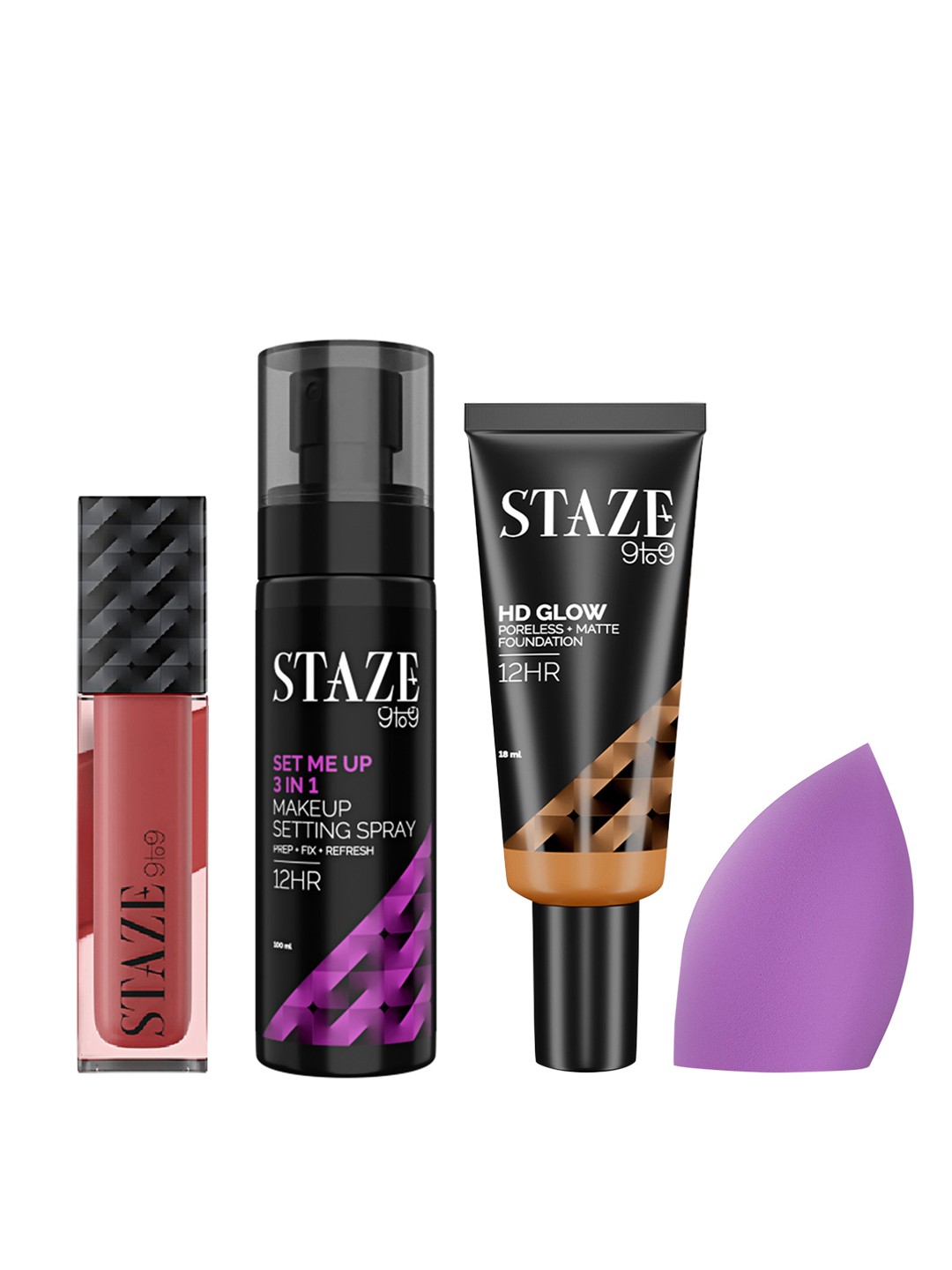 

STAZE Lips Dont Lie Lipstick + HD Glow Foundation + SettingSpray + HD BlendPro Blender Set, Nude