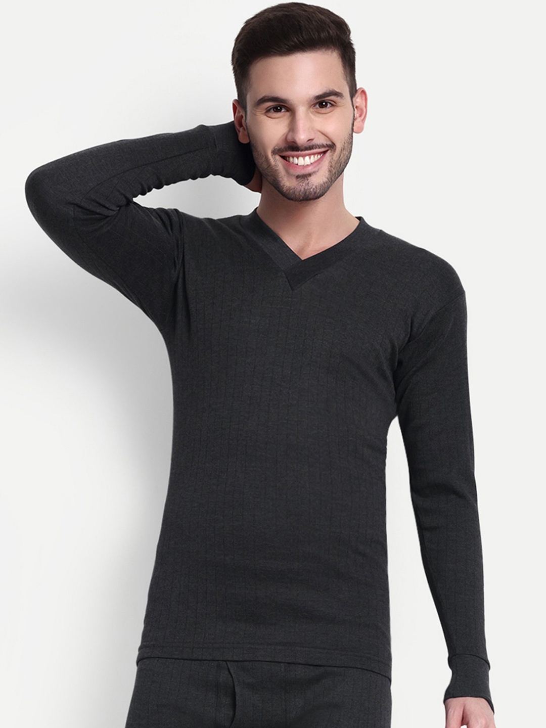 

inner element Men Cotton V-Neck Stretchable Thermal Top, Grey