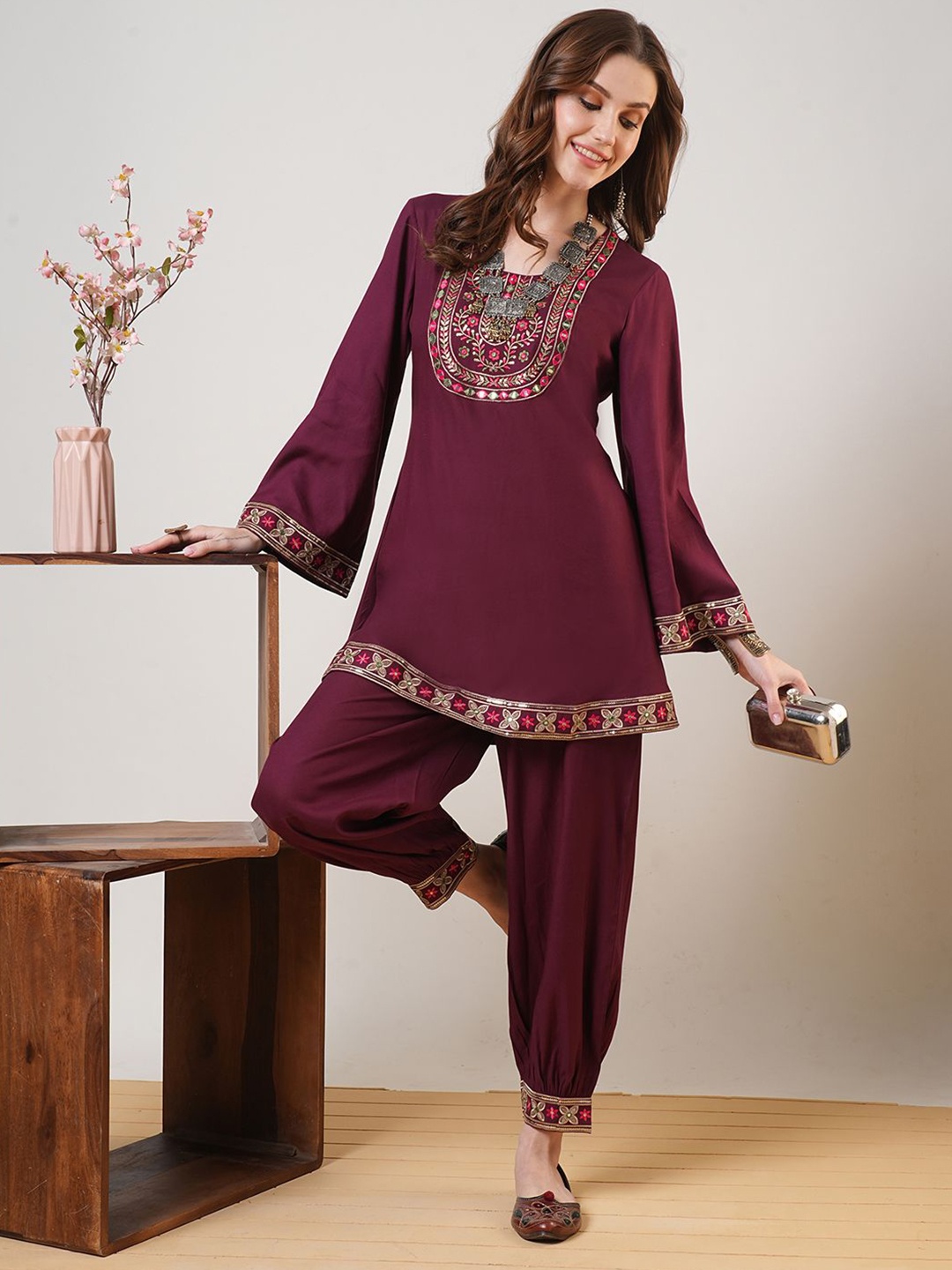 

Globus Embroidered Yoke Bell Sleeves Tunic & Afghani Pants Fusion Co-Ord Set, Maroon