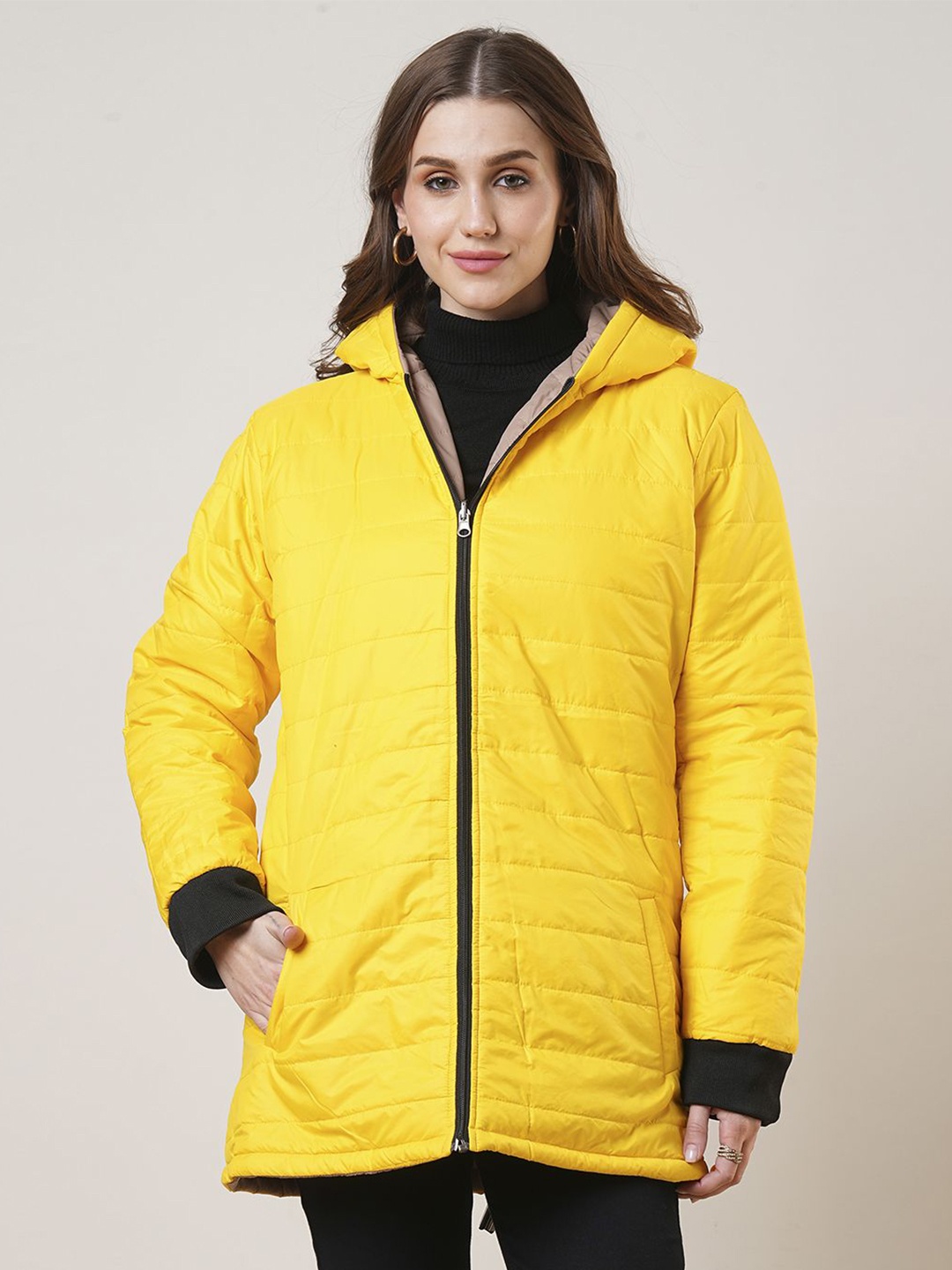 

Globus Front Zip 2 Pockets Hooded Reversible Winterwear Puffer Jacket, Yellow