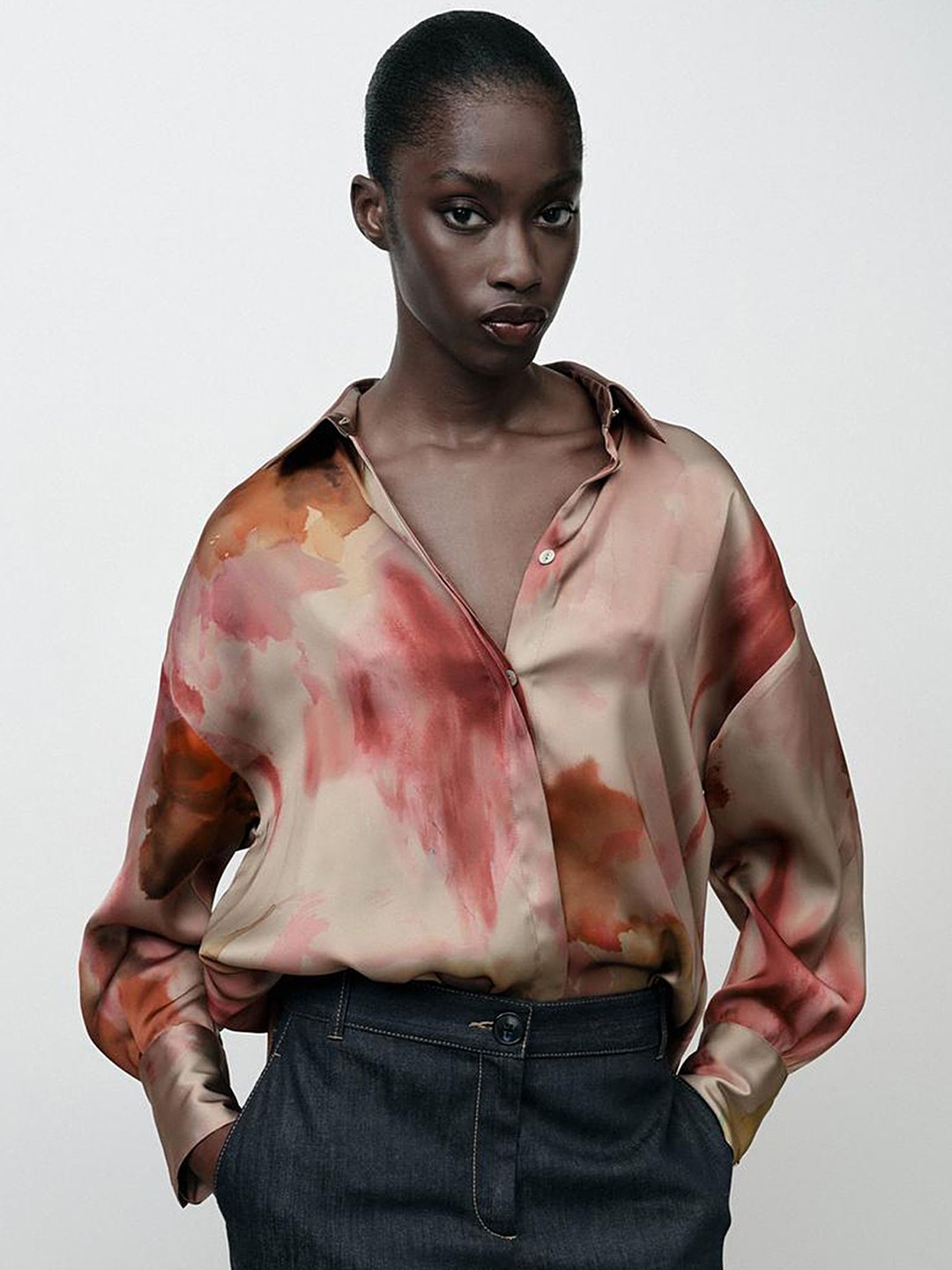 

LULU & SKY Women Faded Printed Spread Collar Drop-Shoulder Casual Shirt, Pink