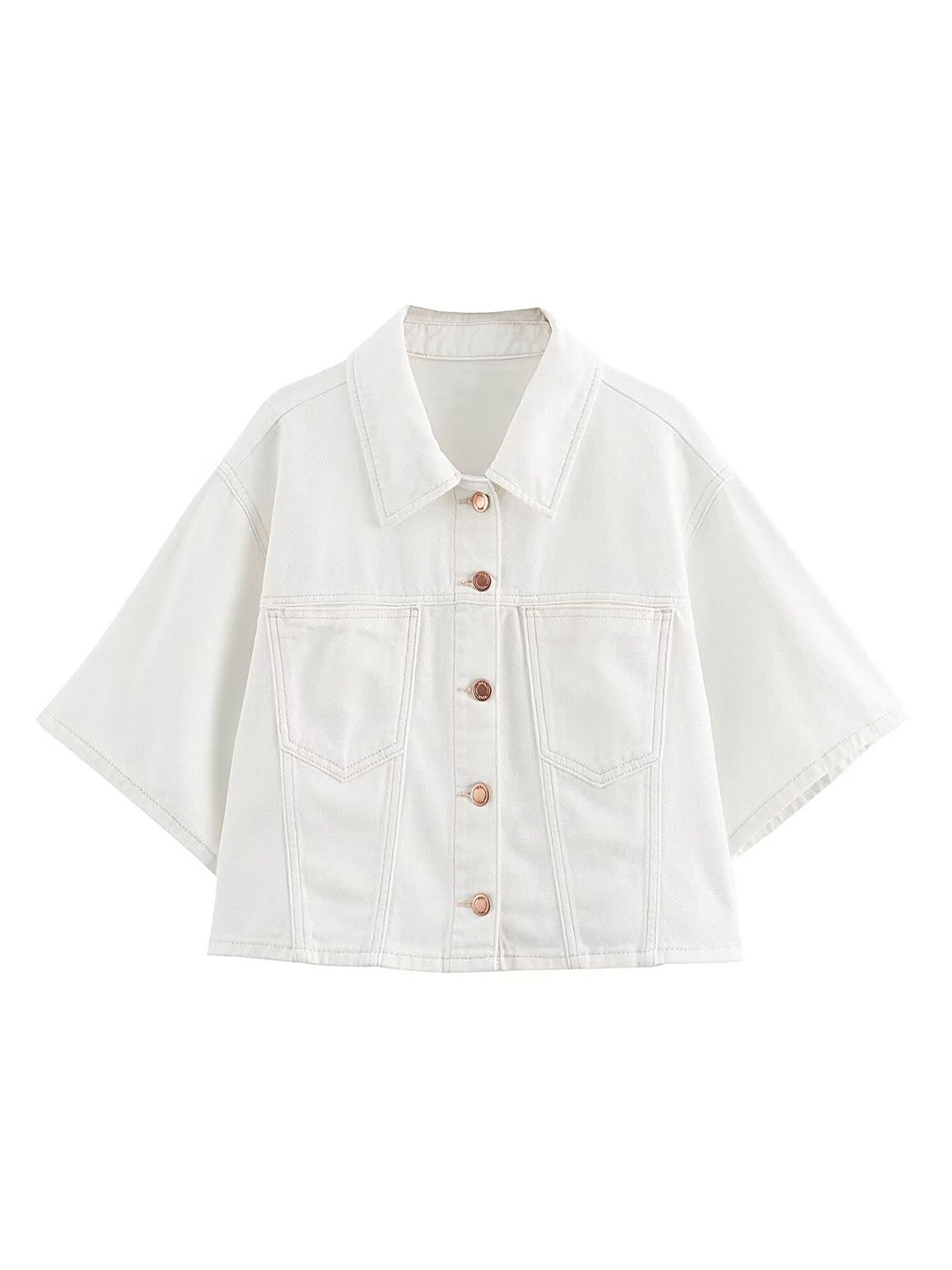 

LULU & SKY Women Spread Collar Solid Crop Casual Shirt, Off white