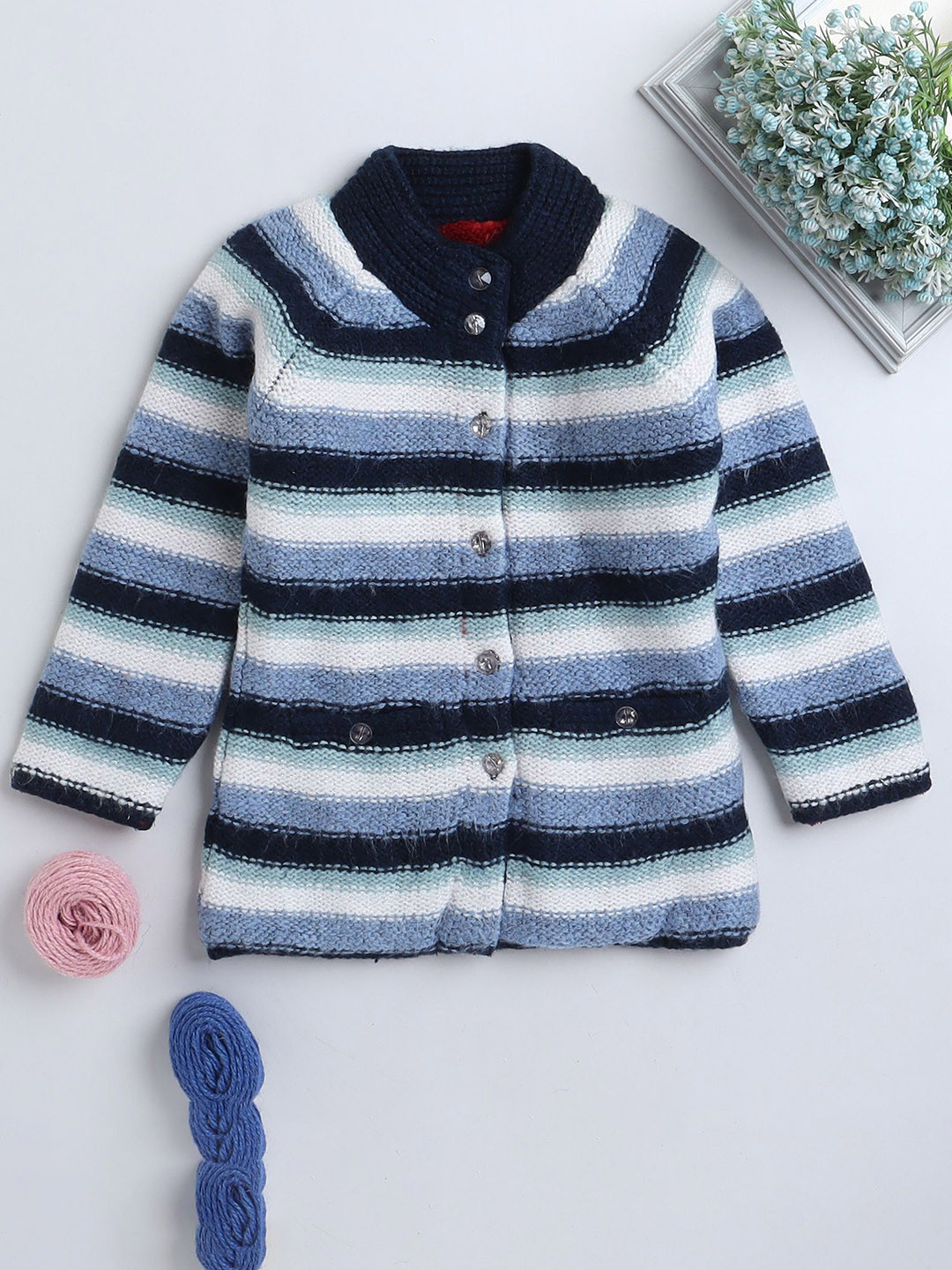 

Yellow Apple Girls Striped Woollen Cardigan, Blue