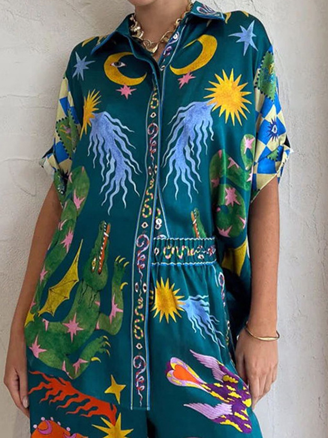 

LULU & SKY Women Relaxed Fit Spread Collar Conversational Printed Linen Casual Shirt, Teal