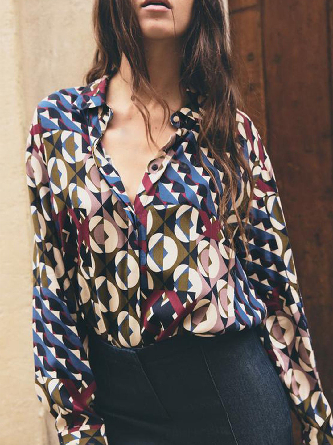 

LULU & SKY Women Spread Collar Geometric Printed Casual Shirt, Teal