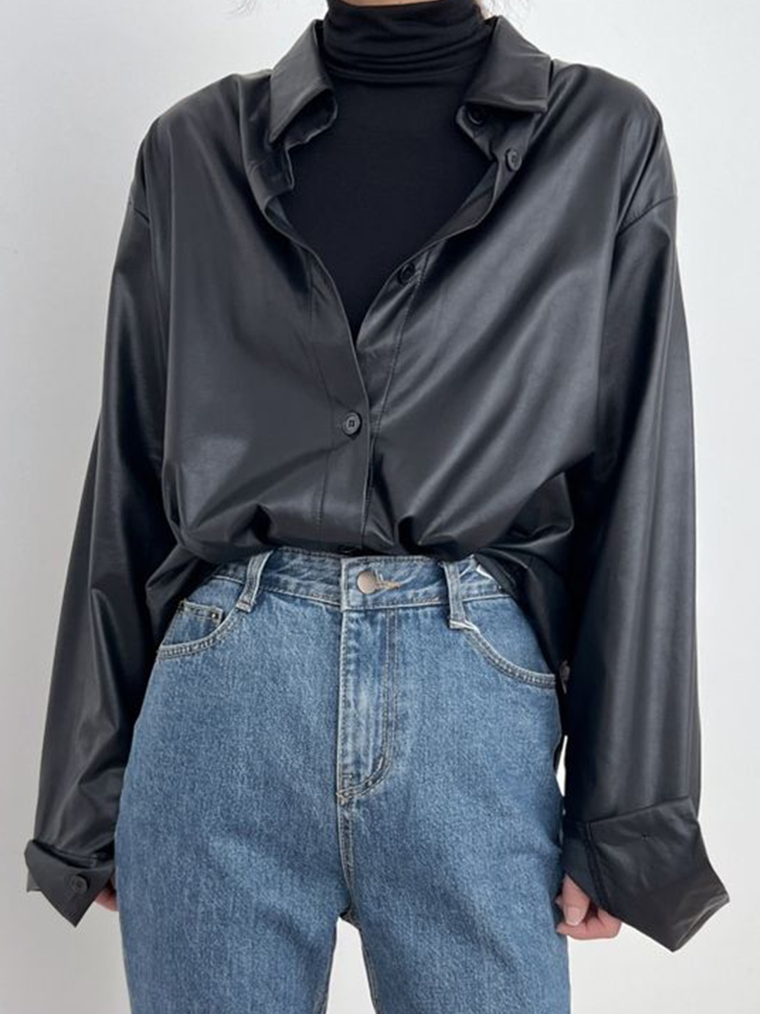 

LULU & SKY Women Oversized Fit Spread Collar Solid Casual Shirt, Black