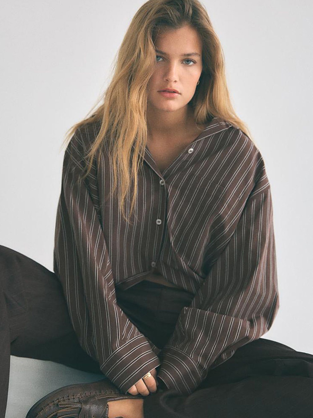 

LULU & SKY Women Relaxed Fit Spread Collar Vertical Striped Casual Shirt, Brown