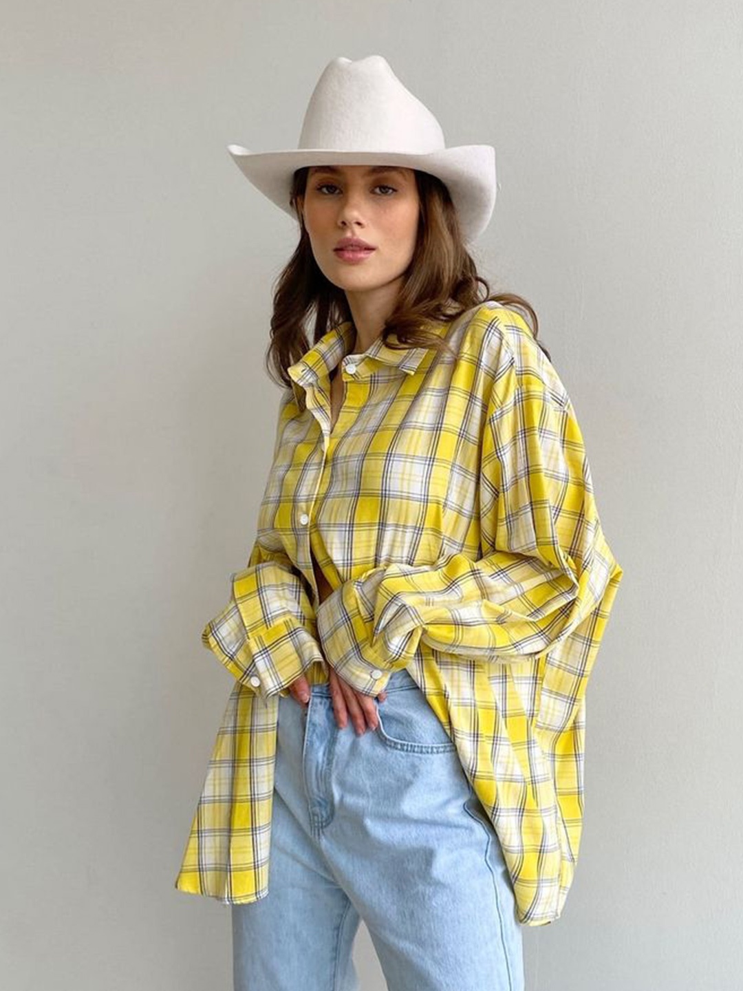 

LULU & SKY Women Oversized Fit Spread Collar Tartan Checked Cotton Casual Shirt, Yellow