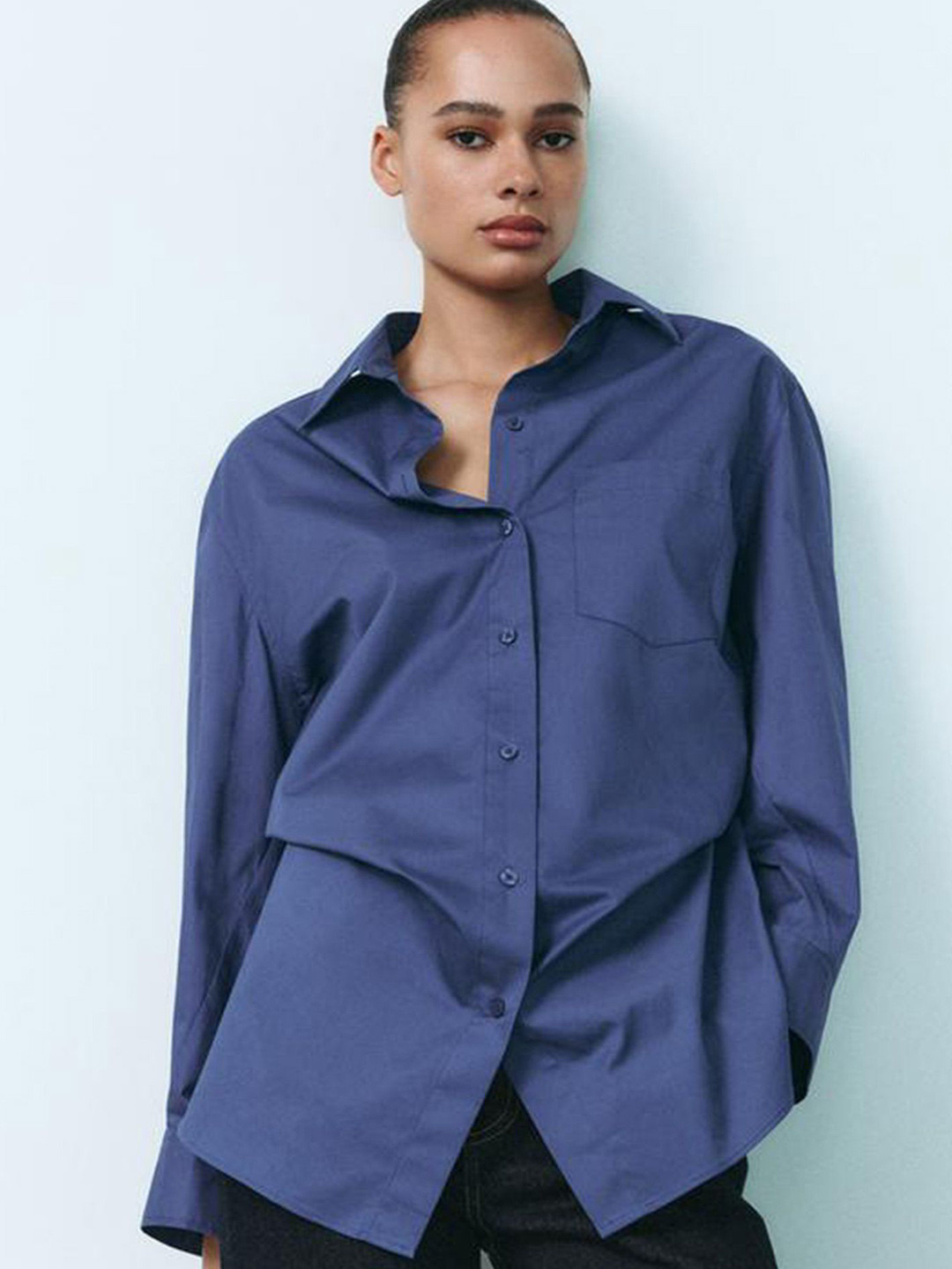 

LULU & SKY Women Oversized Fit Spread Collar Solid Casual Shirt, Navy blue