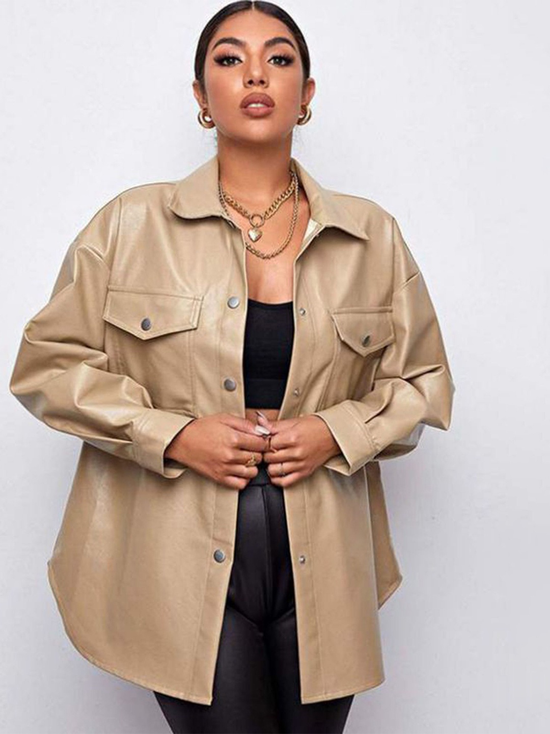 

LULU & SKY Women Solid Spread Collar Relaxed Fit Shacket, Beige