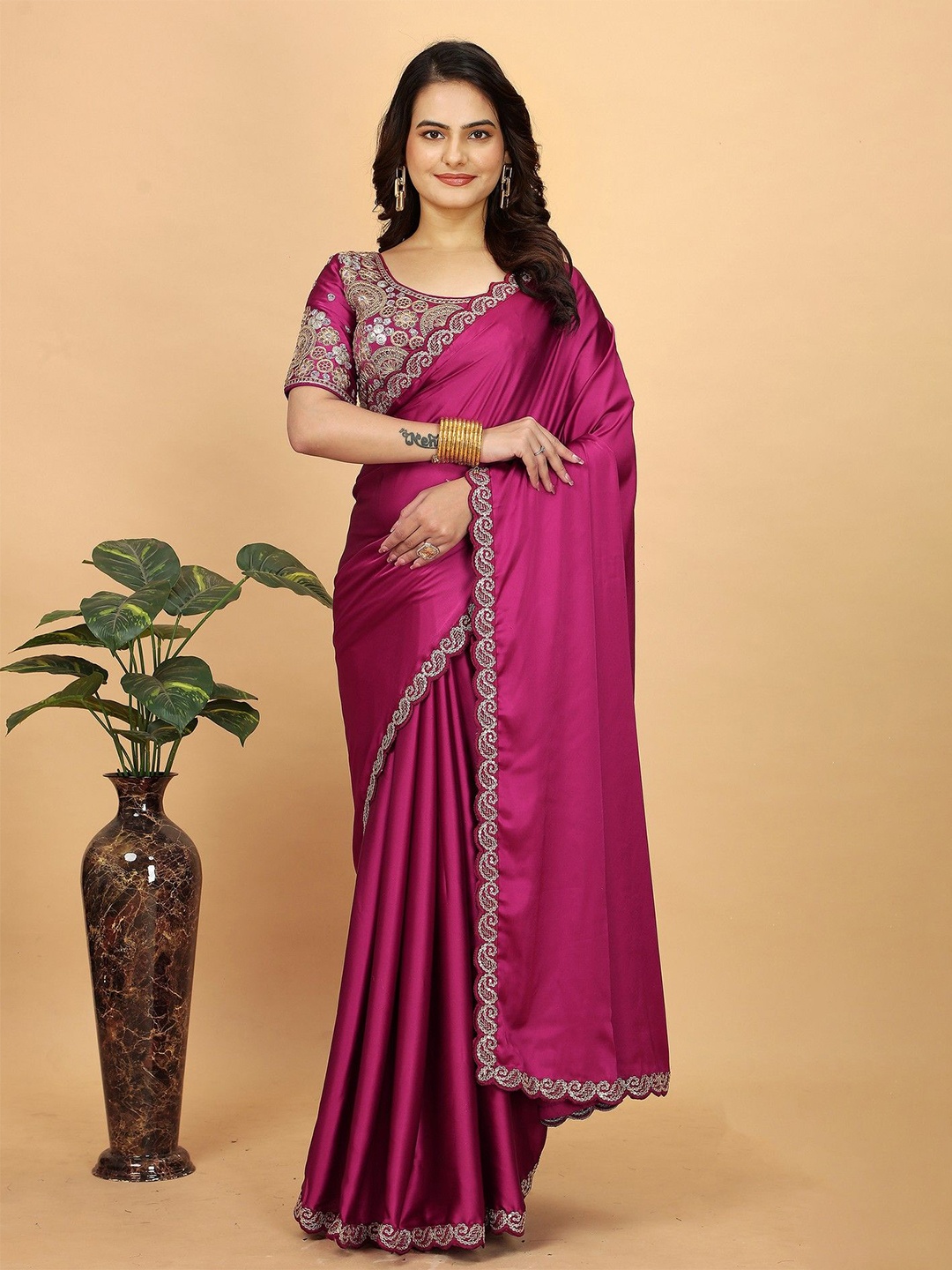 

K 5 Fashion Embroidered Satin Saree, Pink