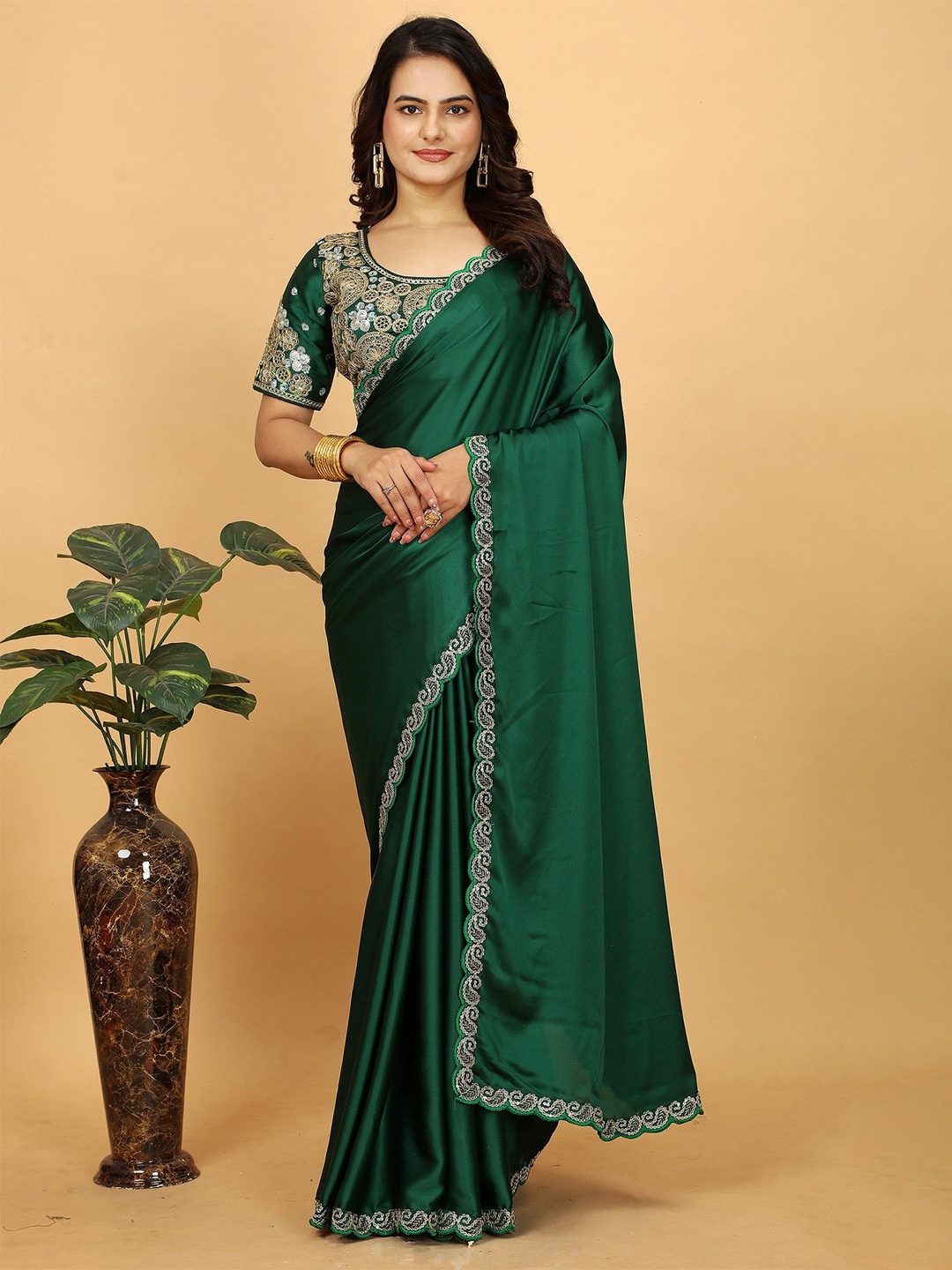 K 5 Fashion Embroidered Satin Saree, Green