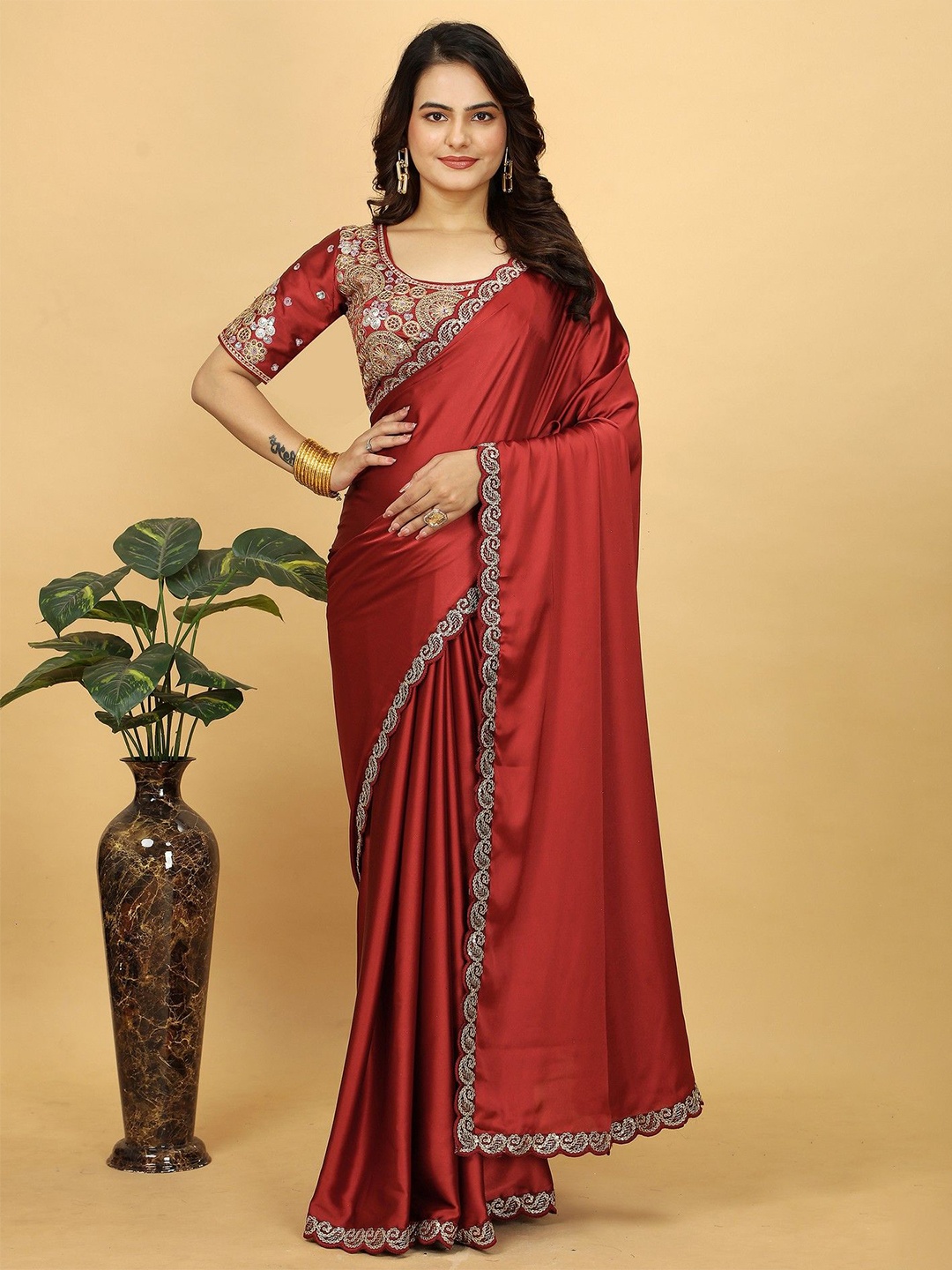 

K 5 Fashion Embroidered Satin Saree, Orange