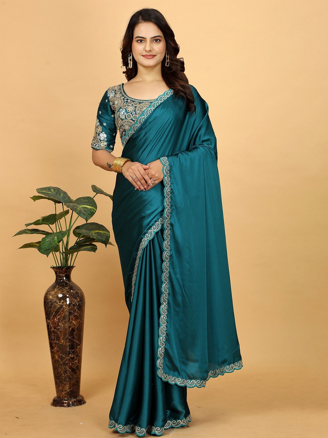 

K 5 Fashion Embroidered Satin Saree, Sea green