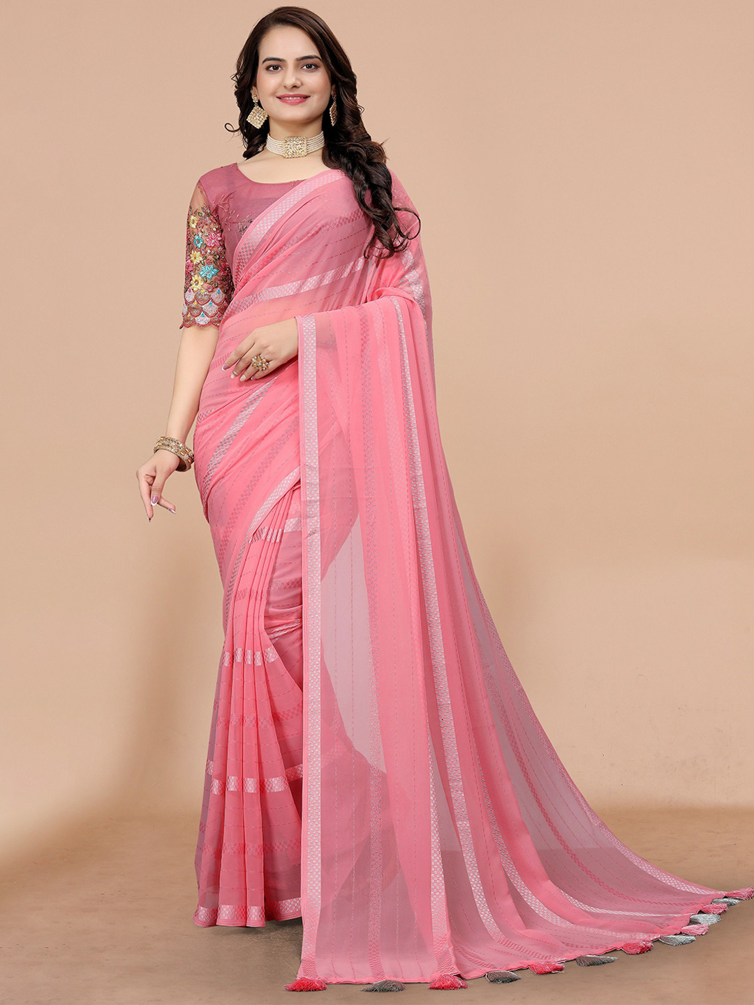 

K 5 Fashion Striped Woven Design Pure Georgette Saree, Peach