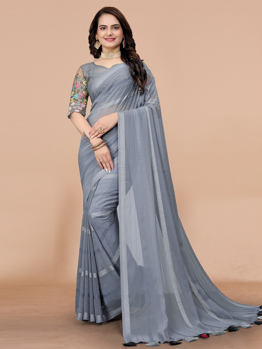 

K 5 Fashion Striped Woven Design Pure Georgette Saree, Grey