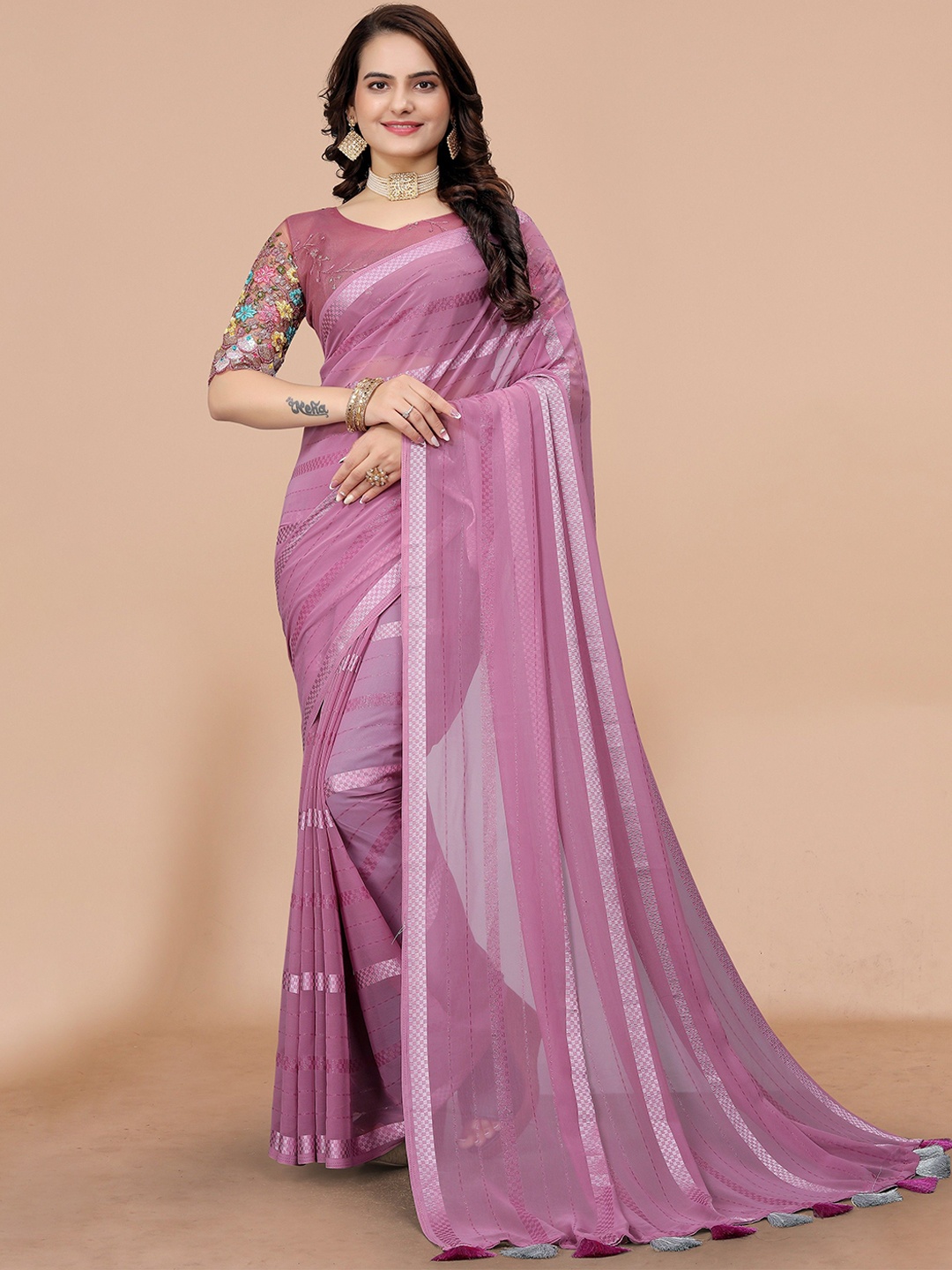 

K 5 Fashion Striped Woven Design Pure Georgette Saree, Pink