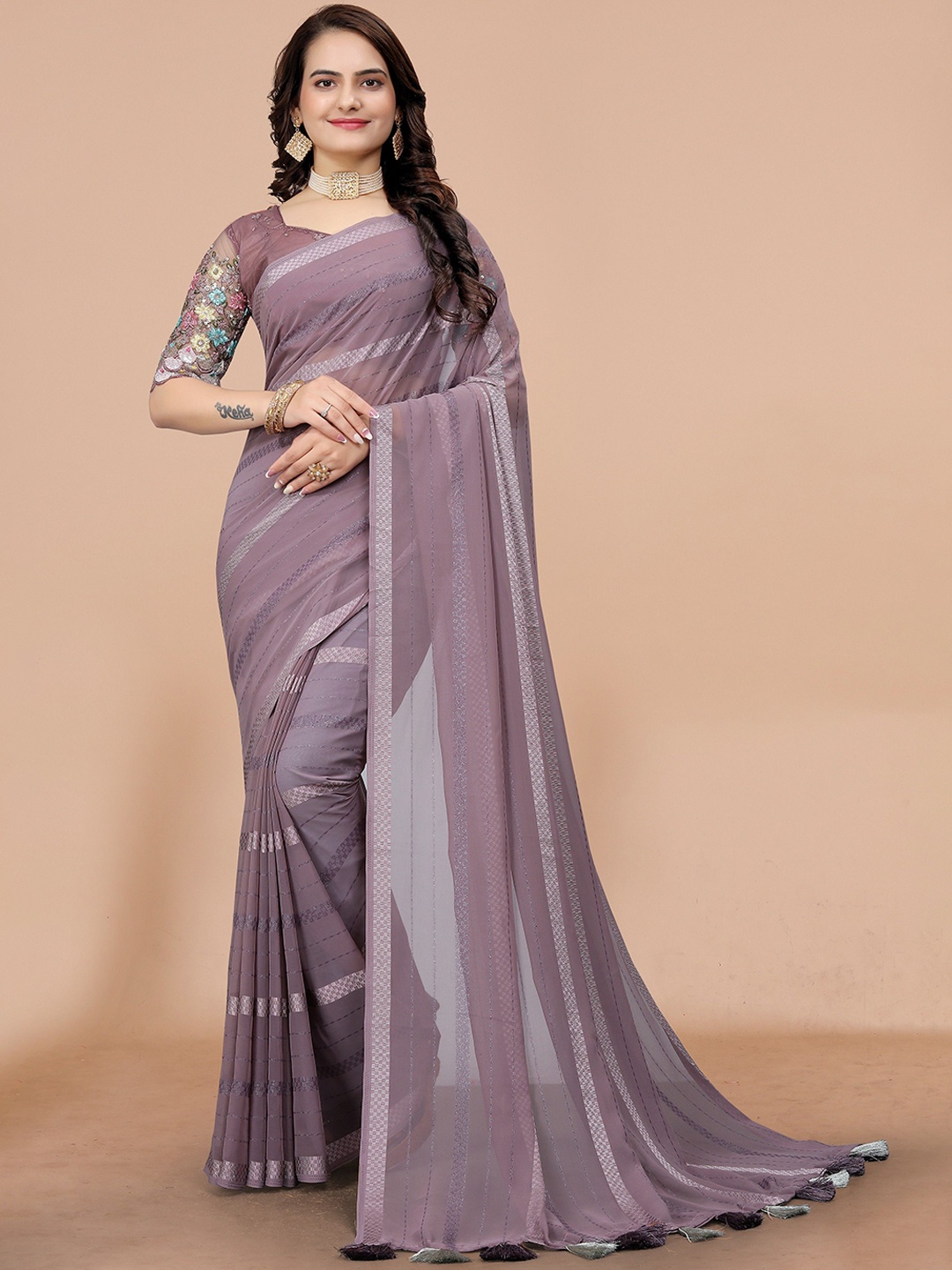 K 5 Fashion Striped Woven Design Pure Georgette Saree, Beige