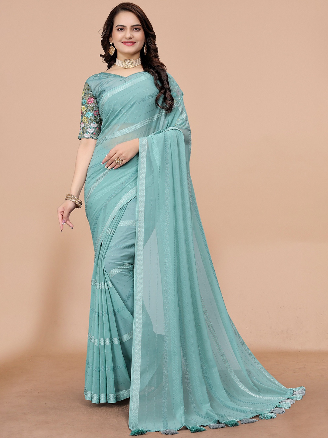 

K 5 Fashion Striped Woven Design Pure Georgette Saree, Blue