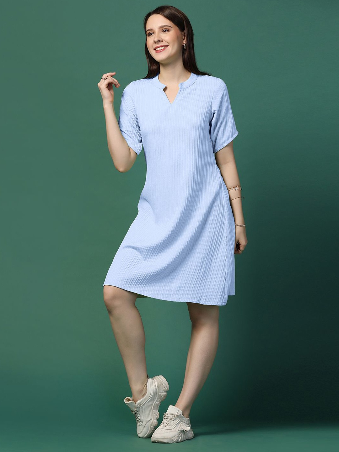 

Moda Rapido Women Self Design Striped Mandarin Collar A-Line Dress, Blue