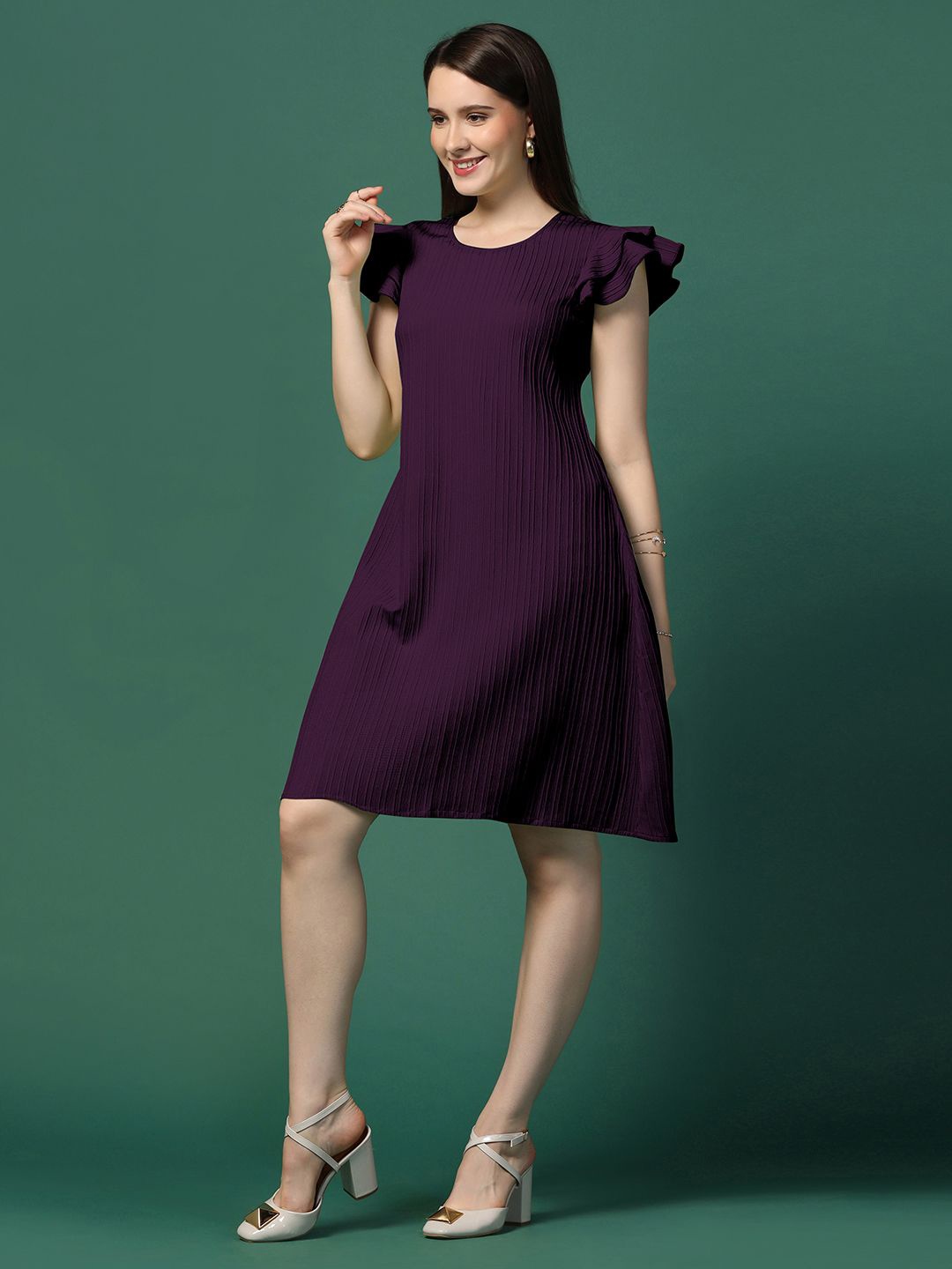 

Moda Rapido Women Cotton Flutter Sleeve A-Line Dress, Purple