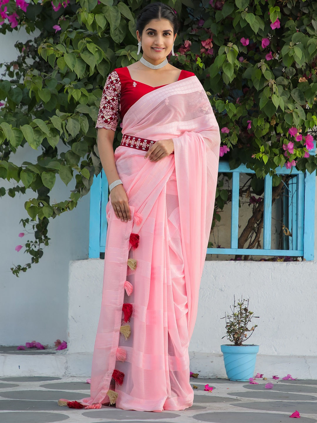 

K 5 Fashion Striped Pure Georgette Saree, Pink