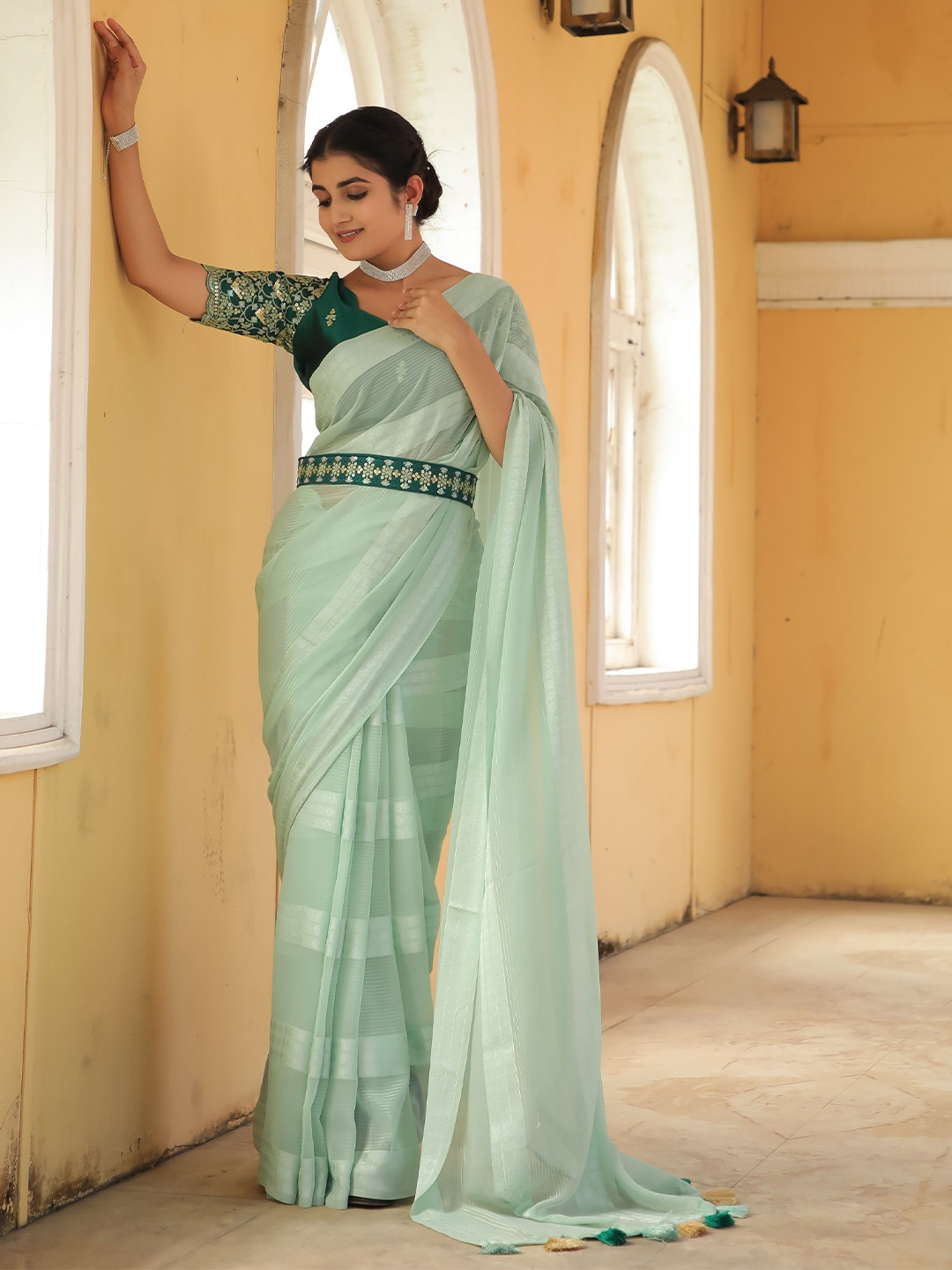 

K 5 Fashion Striped Pure Georgette Saree, Sea green