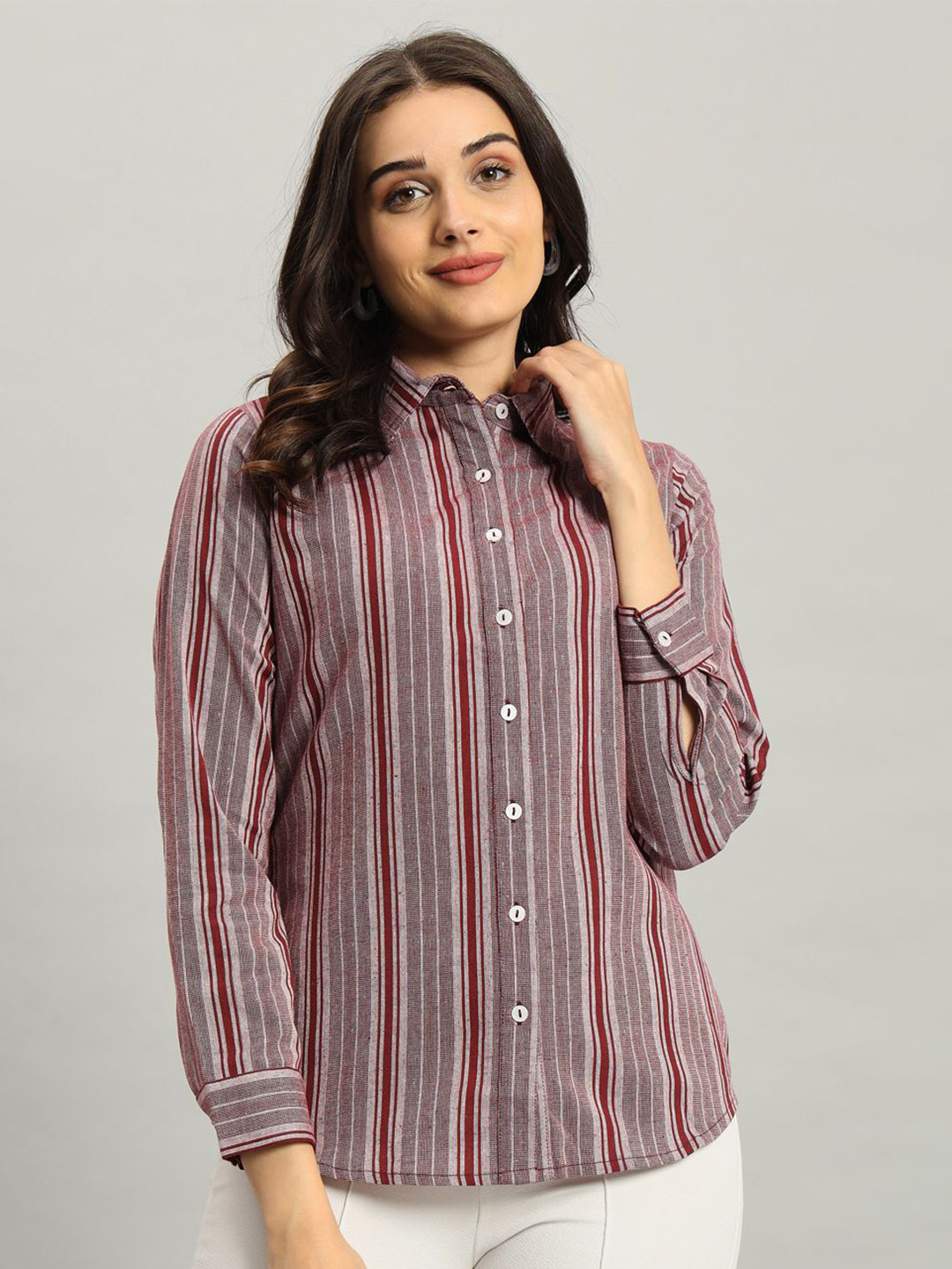 

REBERRY Women Vertical Stripes Striped Cotton Shirt Style Top, Maroon
