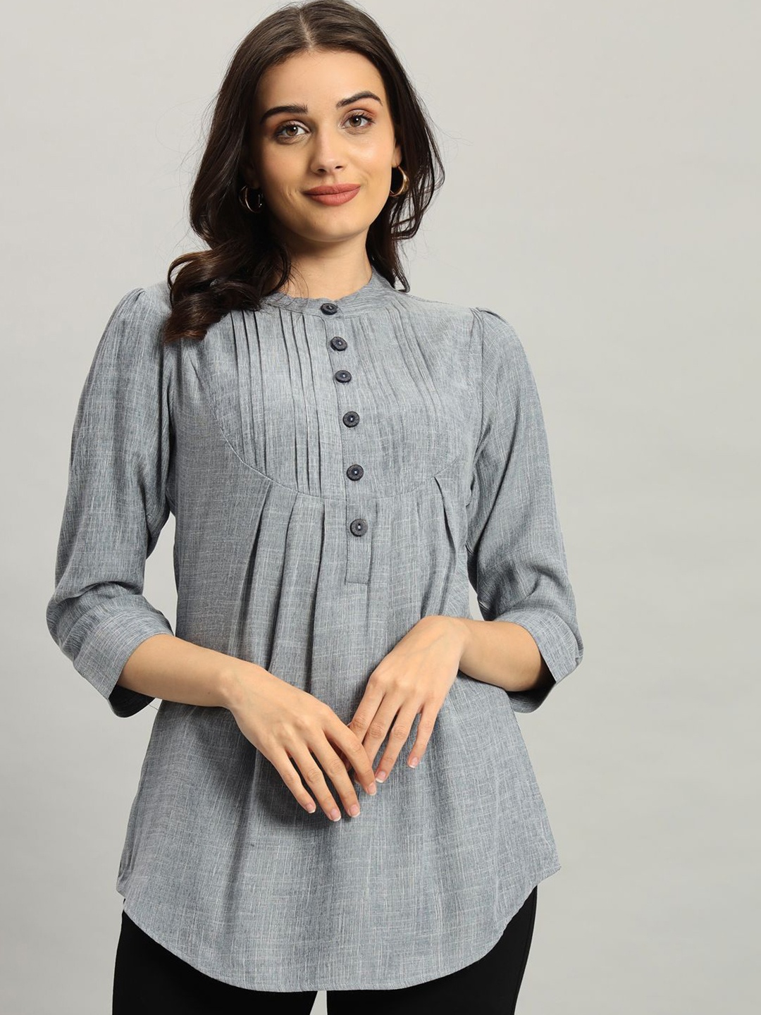 

REBERRY Women Mandarin Collar Puff Sleeve A-Line Top, Blue