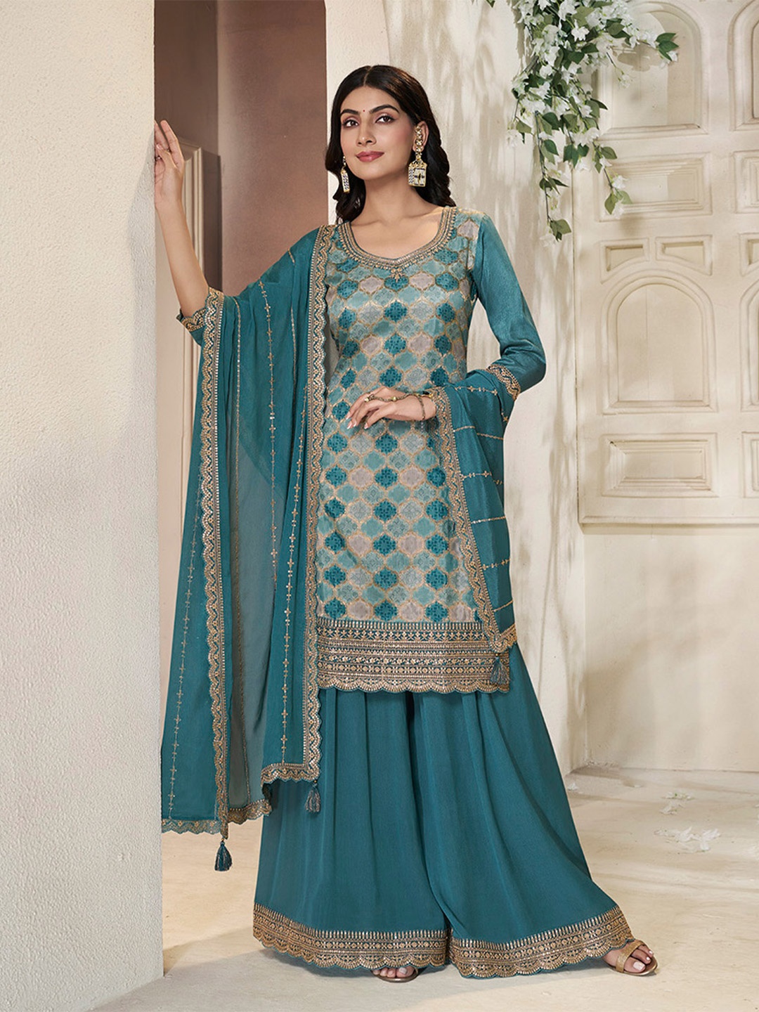 

Seerat Ethnic Motifs Embroidered Straight Pure Silk Kurta with Sharara And Dupatta, Teal