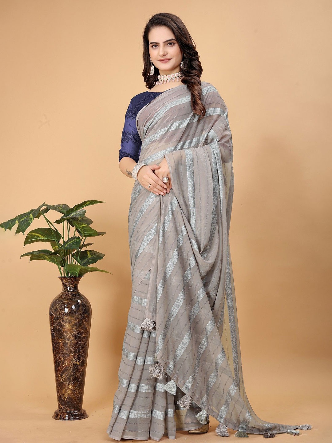 K 5 Fashion Striped Zari Pure Georgette Saree, Beige