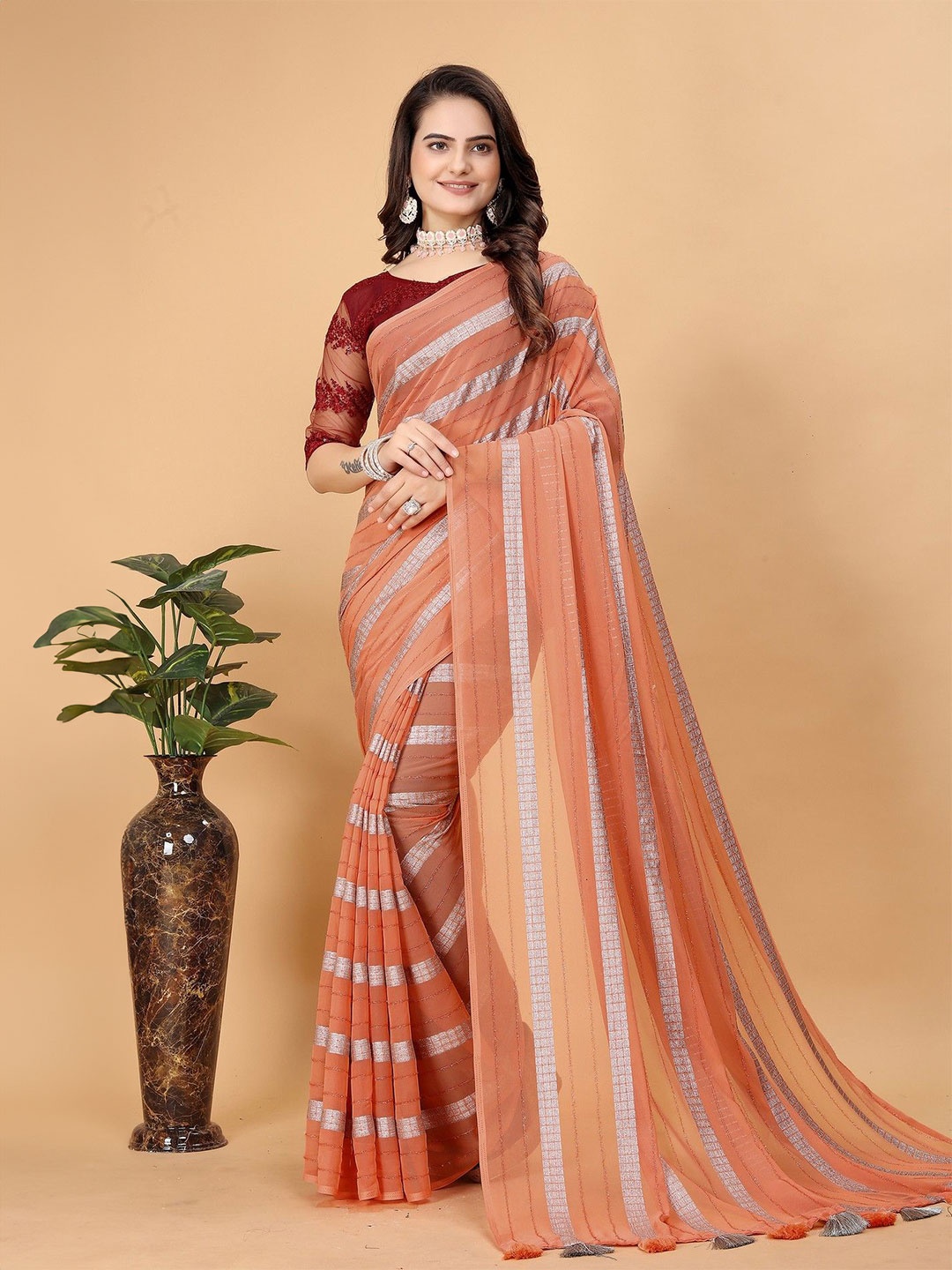 

K 5 Fashion Striped Zari Pure Georgette Saree, Orange