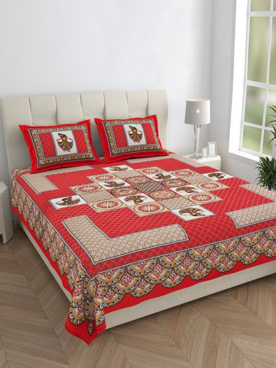 

HOMELINE Red & White Ethnic Cotton 144 TC Double Queen Bedsheet Set-2.35 m x 2.15 m